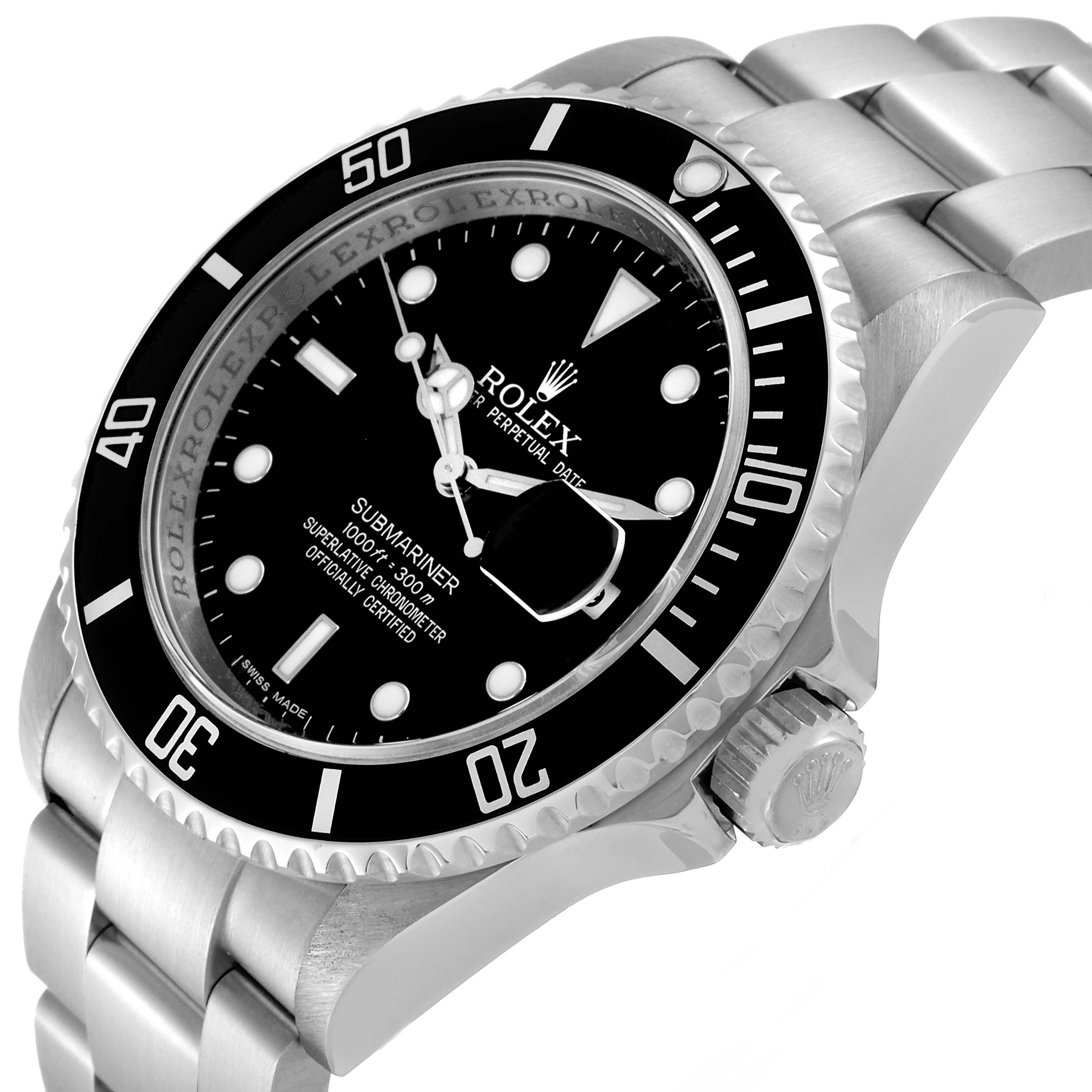 This image shows a Rolex Submariner 16610 Men
s Stainless Steel Black Dial 16610 Men
s Stainless Steel Black Dial watch at an angled view, highlighting the dial, bezel, crown, and part of the bracelet.