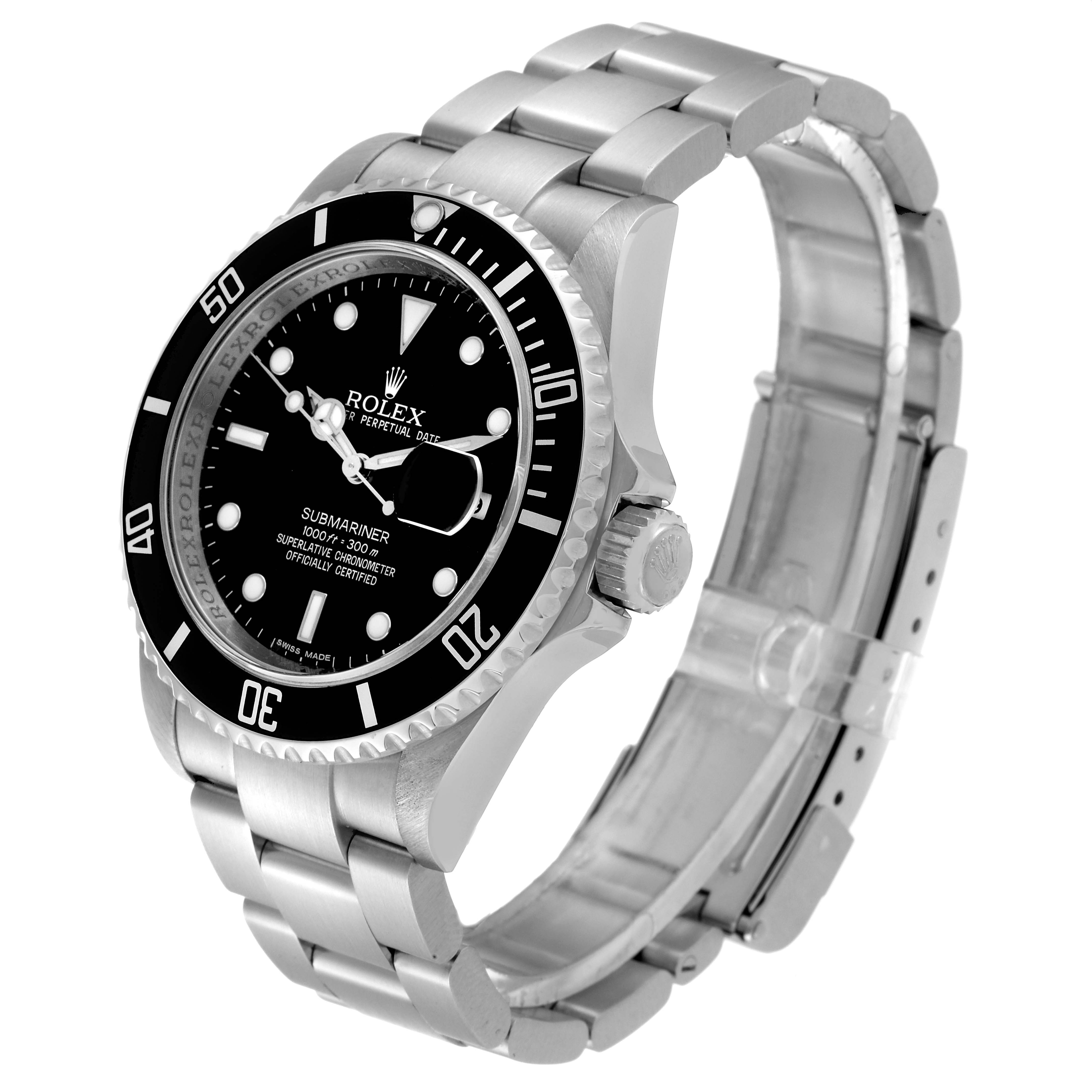 The image shows a Rolex Submariner 16610 Men
s Stainless Steel Black Dial 16610 Men
s Stainless Steel Black Dial watch at an angle highlighting its dial, bezel, crown, and part of the bracelet.