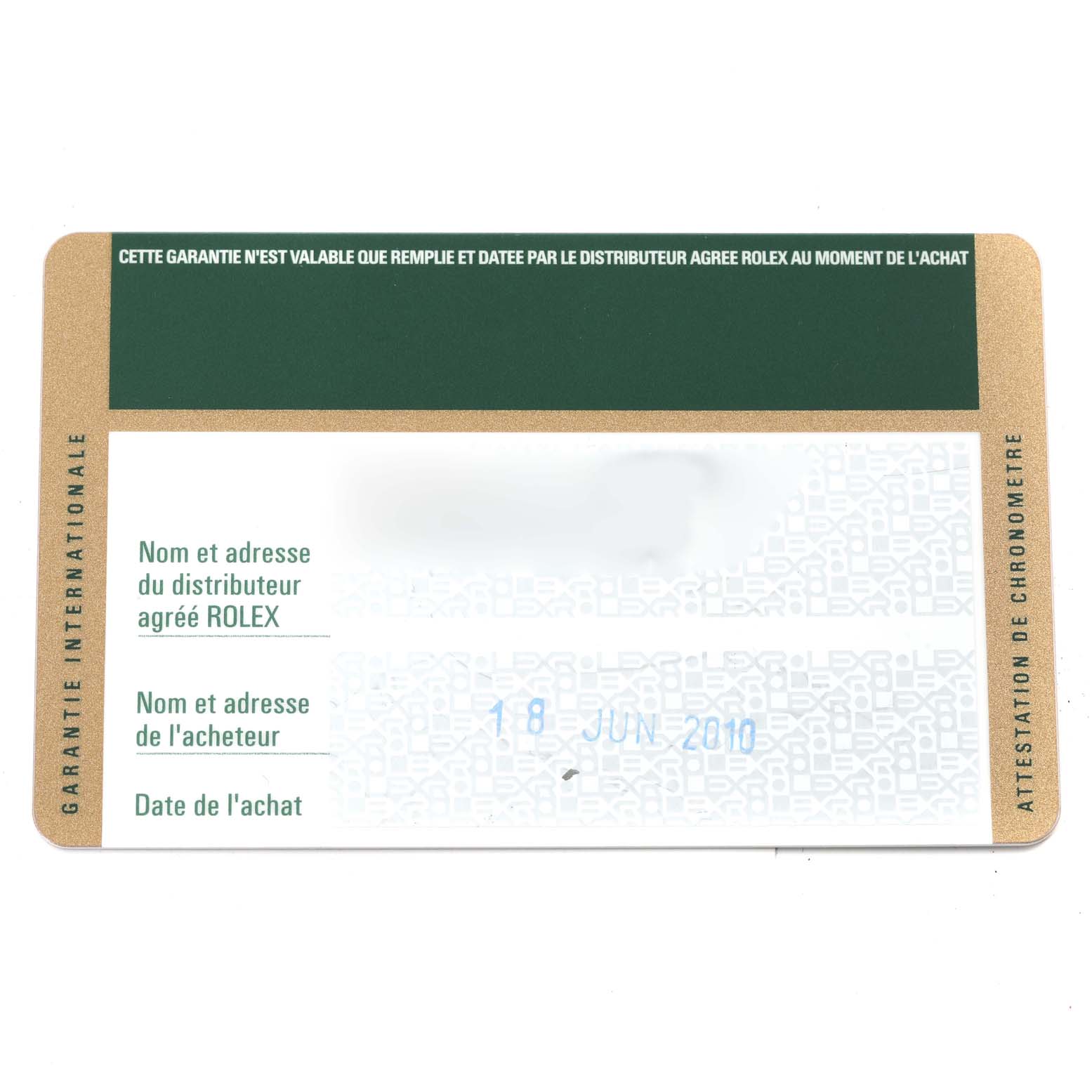 Shown is a guarantee card for a Rolex Submariner 16610 Men
s Stainless Steel Black Dial 16610 Men
s Stainless Steel Black Dial, featuring purchase details and dealer information.