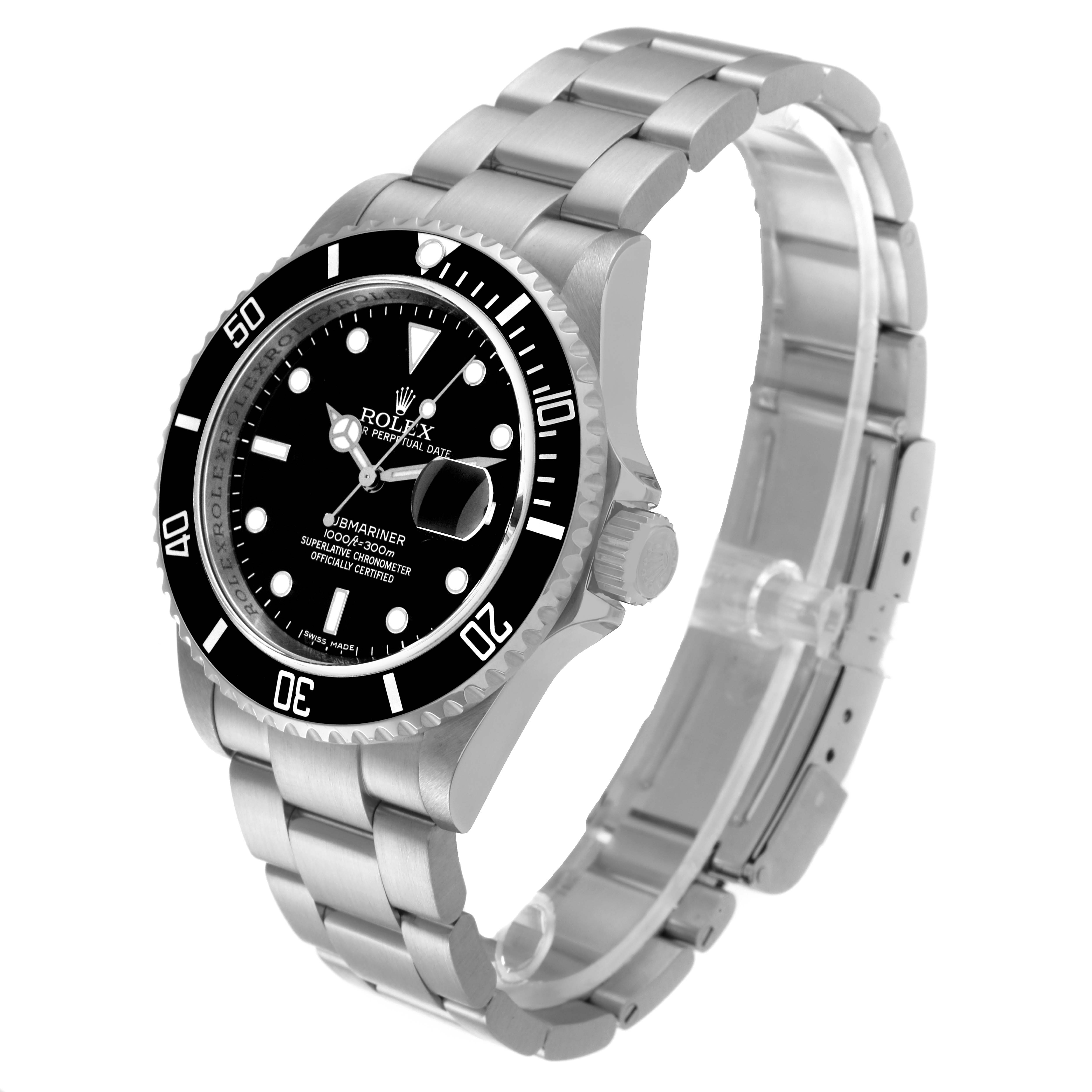 The image shows a side-view angle of the Rolex Submariner 16610 Men
s Stainless Steel Black Dial 16610 Men
s Stainless Steel Black Dial watch, highlighting its bracelet, bezel, dial, and crown.