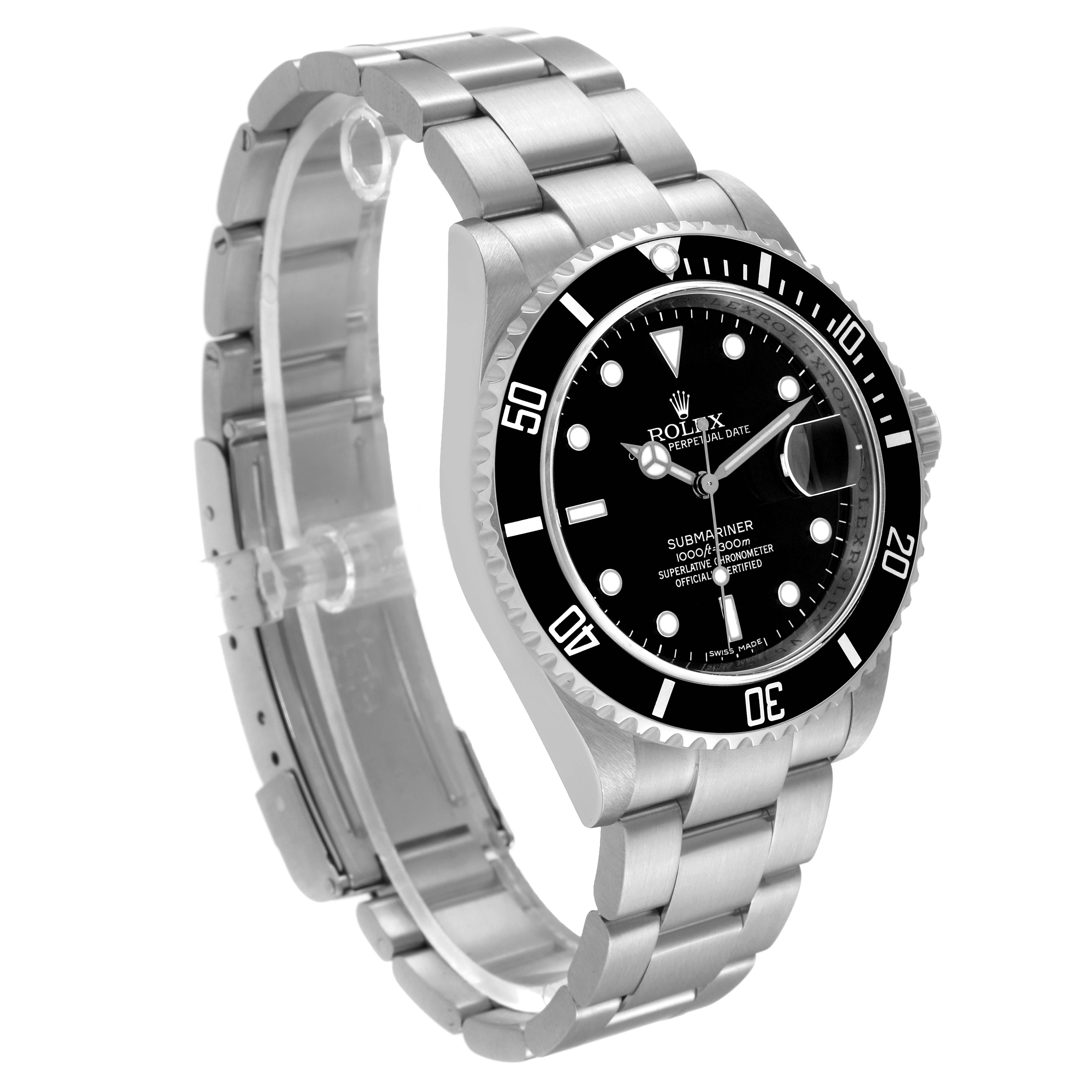 The Rolex Submariner 16610 Men
s Stainless Steel Black Dial 16610 Men
s Stainless Steel Black Dial watch is shown at a three-quarter angle, highlighting its dial, bezel, and stainless steel bracelet.
