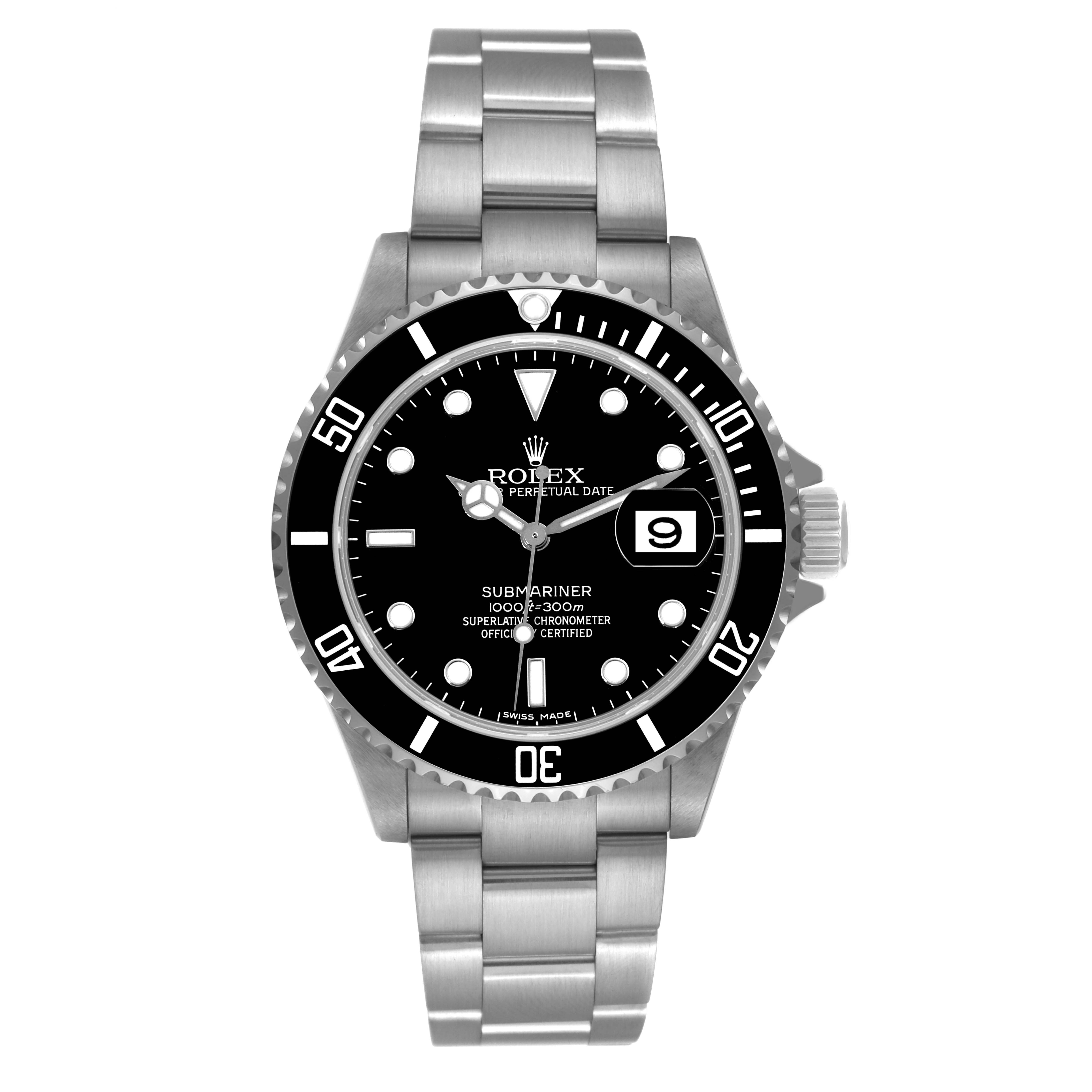 The image shows a front view of a Rolex Submariner 16610 Men
s Stainless Steel Black Dial 16610 Men
s Stainless Steel Black Dial watch displaying its face, bezel, crown, and bracelet.