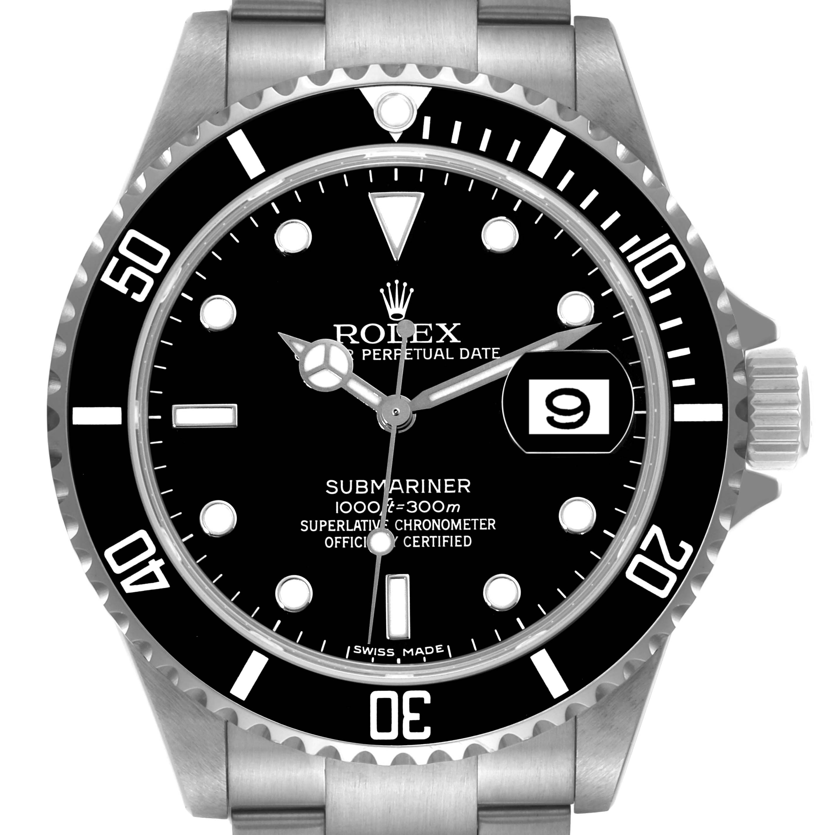 The image shows a Rolex Submariner 16610 Men
s Stainless Steel Black Dial 16610 Men
s Stainless Steel Black Dial watch from a front angle, highlighting its dial, bezel, and bracelet.