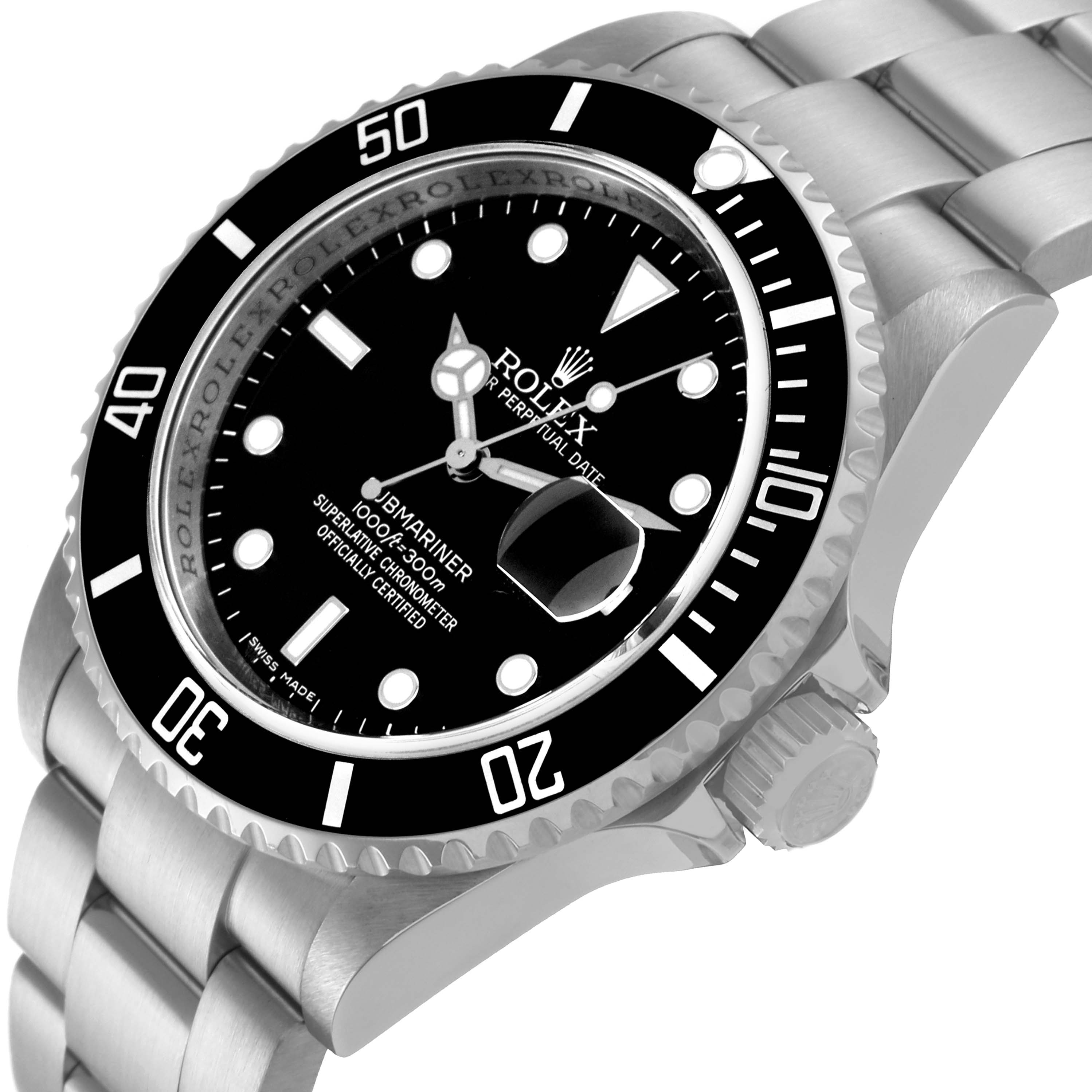 The image shows a Rolex Submariner 16610 Men
s Stainless Steel Black Dial 16610 Men
s Stainless Steel Black Dial watch at an angled side view, highlighting its black dial, bezel, and stainless steel bracelet.