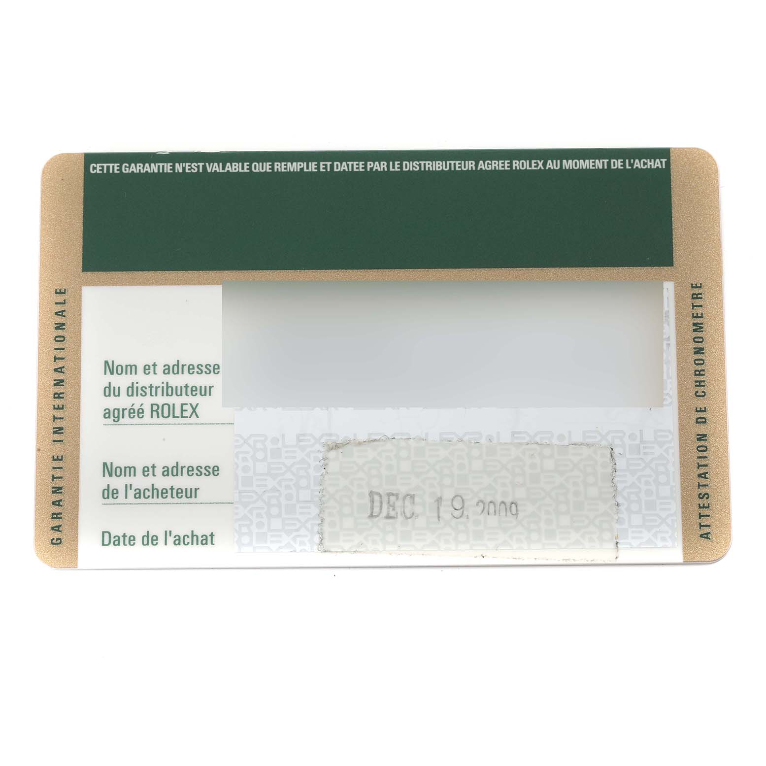 This is an international guarantee card for a Rolex Submariner 16610 Men
s Stainless Steel Black Dial 16610 Men
s Stainless Steel Black Dial, displaying purchase details and dealer information.