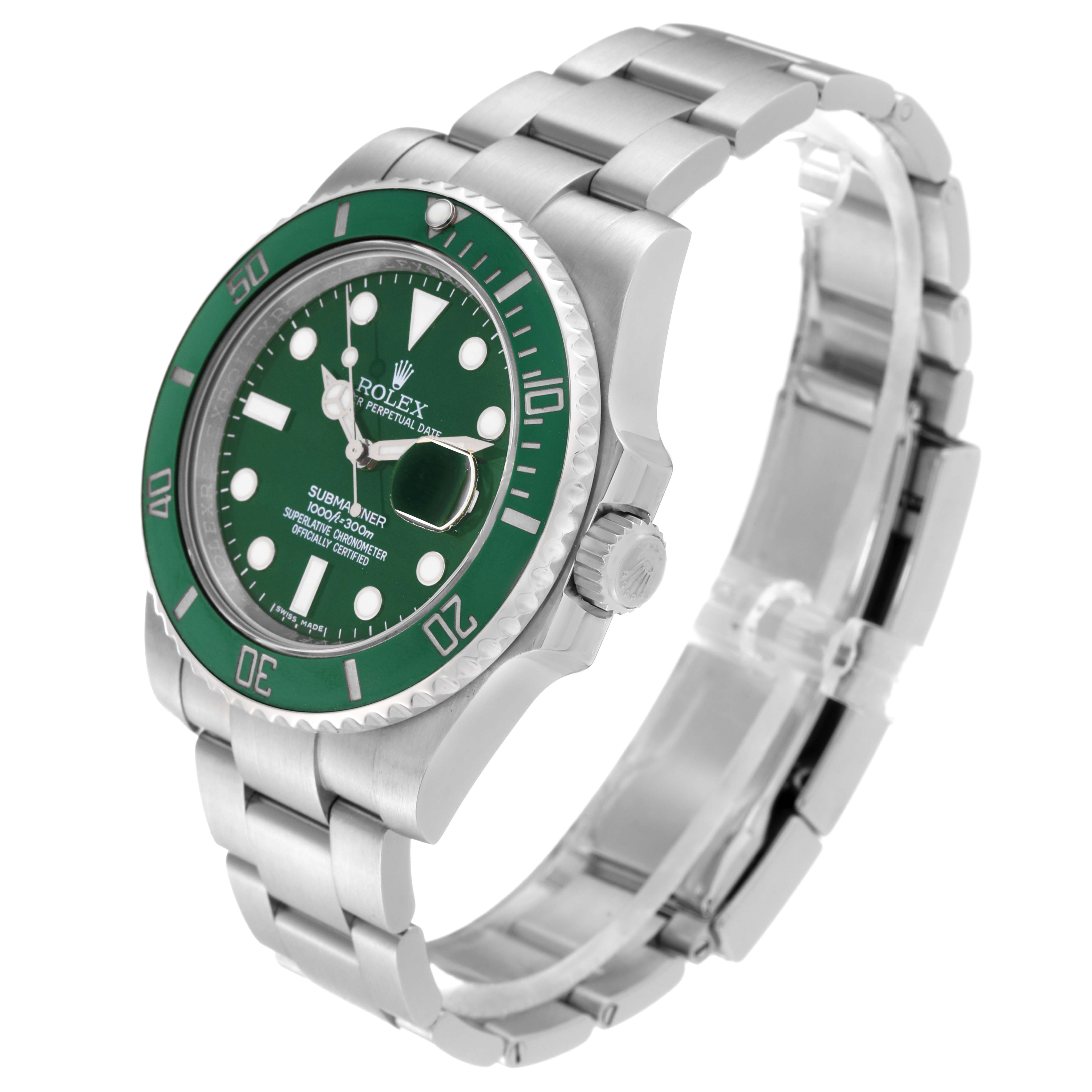 The image shows a side angle of the Rolex Submariner 116610LV Men's Stainless Steel Green Dial 116610LV Men's Stainless Steel Green Dial watch, displaying its green dial, bezel, and stainless steel bracelet.
