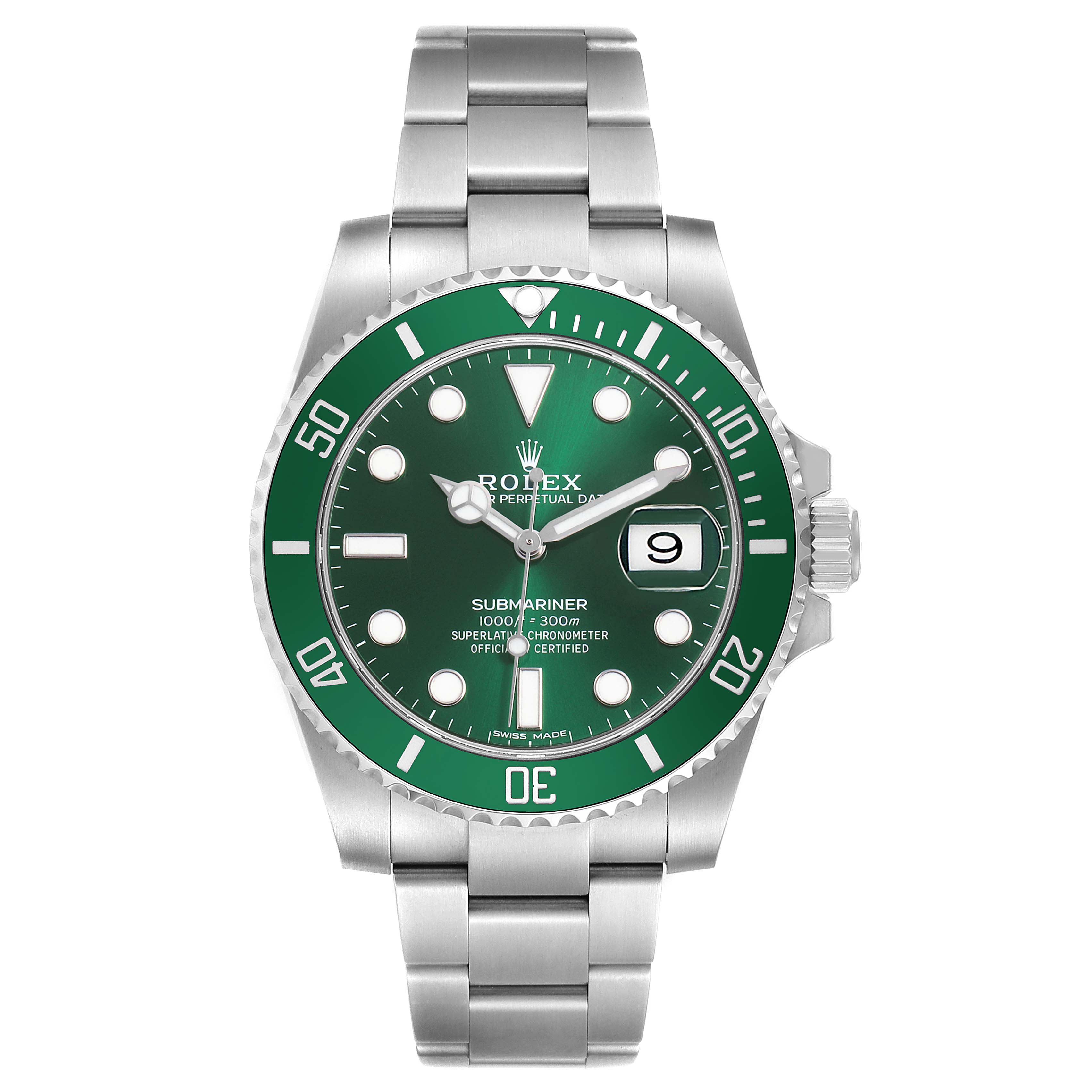 The Rolex Submariner 116610LV Men's Stainless Steel Green Dial 116610LV Men's Stainless Steel Green Dial watch is shown from the front, featuring a green dial, date display, and stainless steel bracelet.