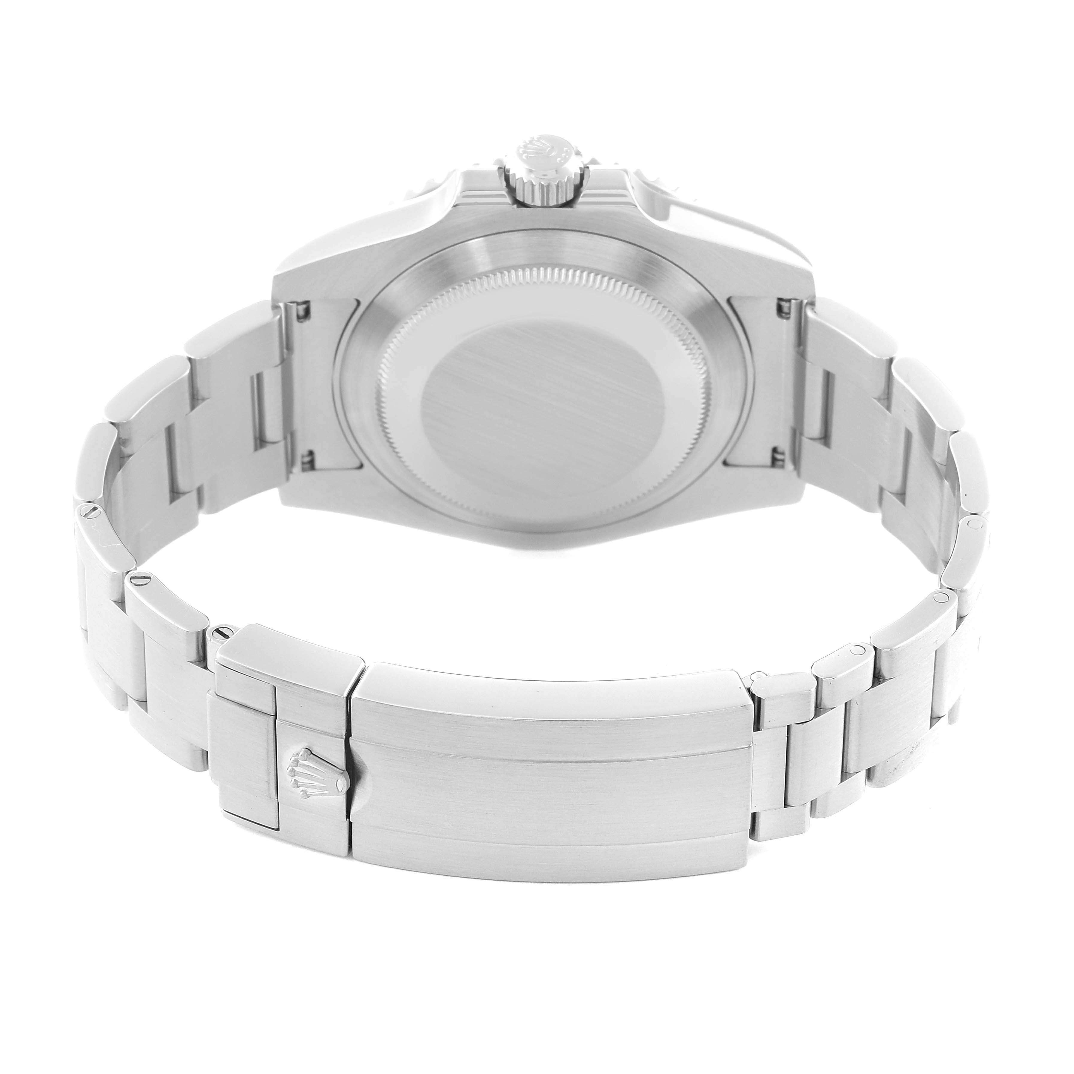 This image shows the back case and bracelet of the Rolex Submariner 116610LV Men's Stainless Steel Green Dial 116610LV Men's Stainless Steel Green Dial, viewed from the rear.