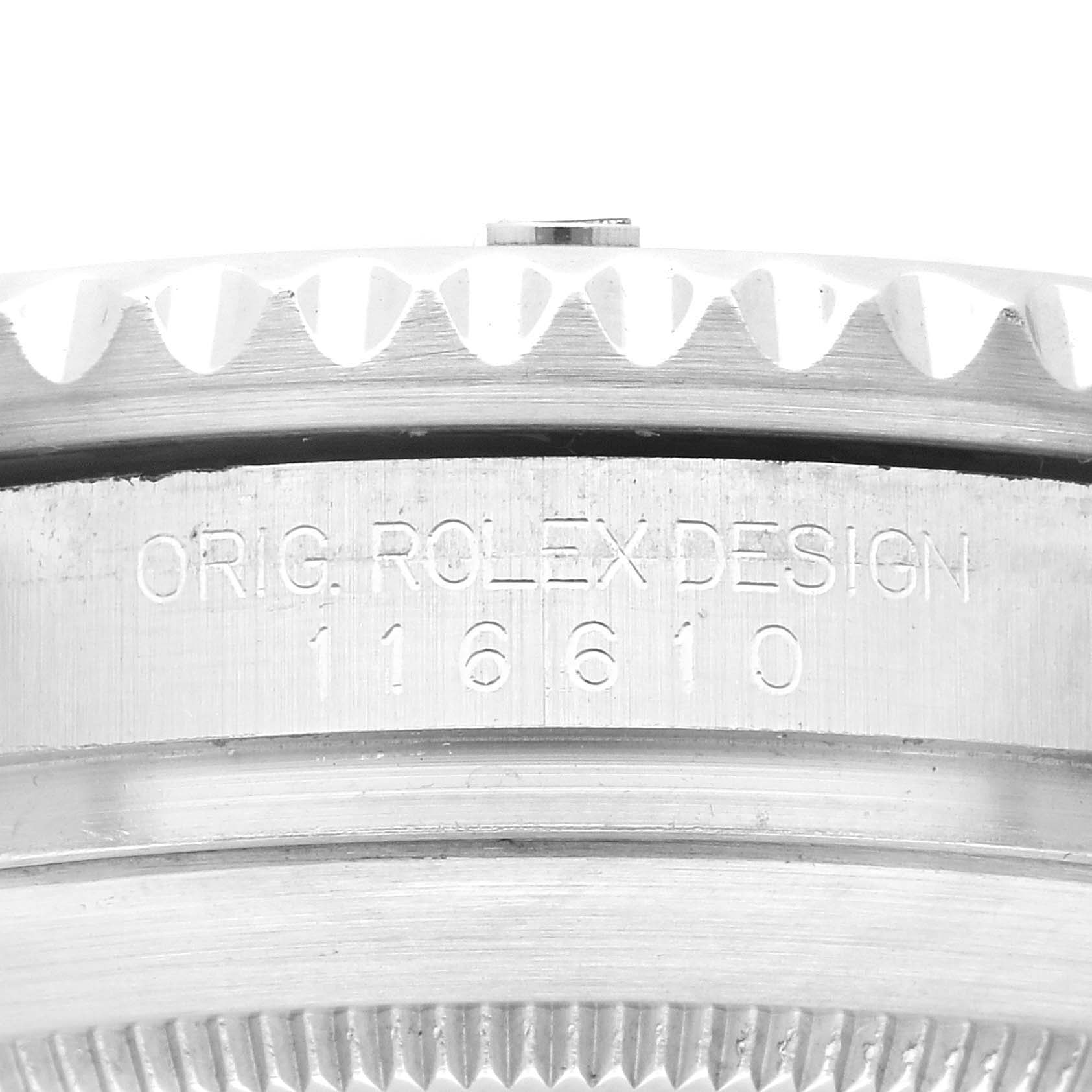 This close-up angle shows the side engraving and bezel of a Rolex Submariner 116610LV Men's Stainless Steel Green Dial 116610LV Men's Stainless Steel Green Dial, visibly displaying "ORIG. ROLEX DESIGN 16610."