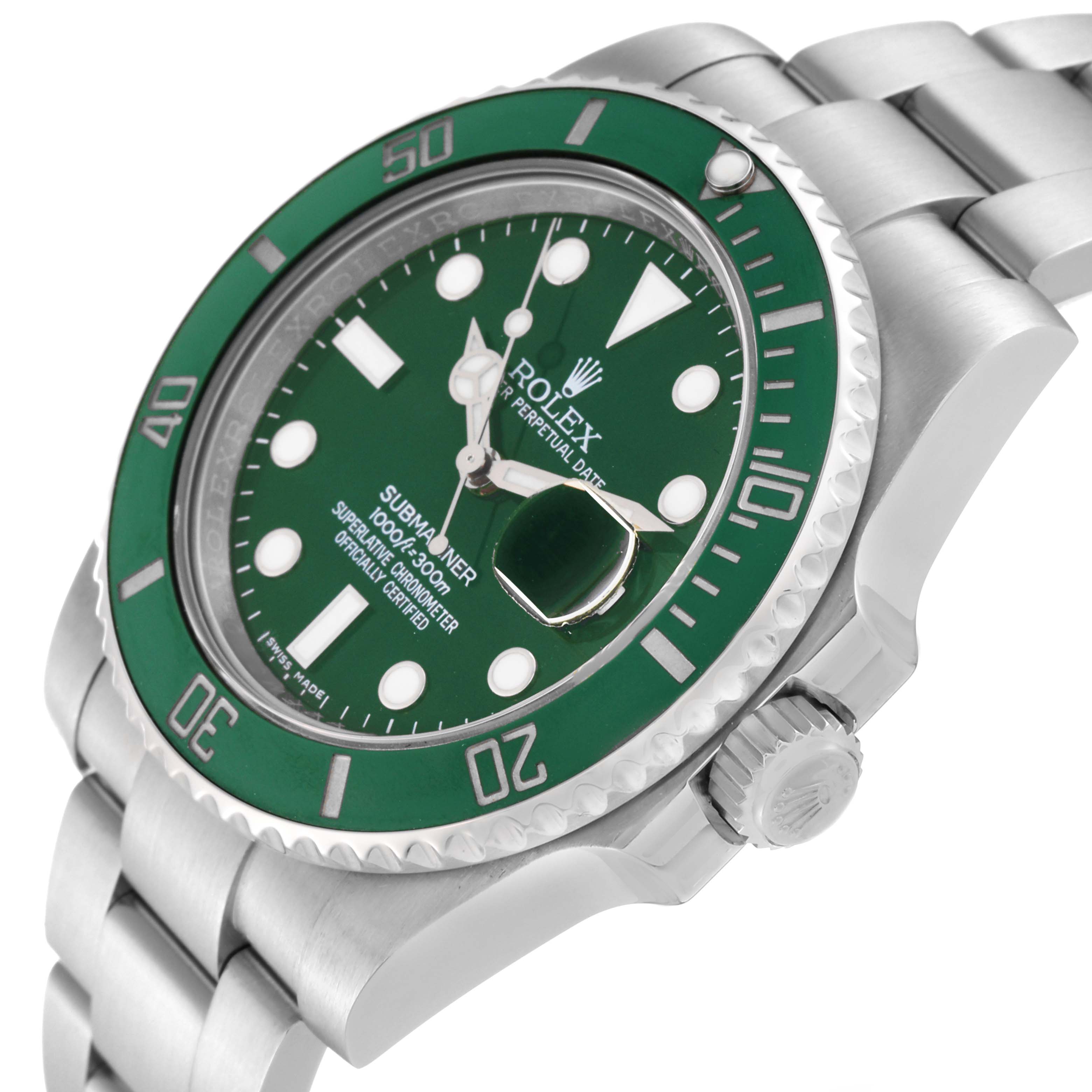 The image shows a Rolex Submariner 116610LV Men's Stainless Steel Green Dial 116610LV Men's Stainless Steel Green Dial watch at an angled view, highlighting its green bezel, dial, and stainless steel bracelet.