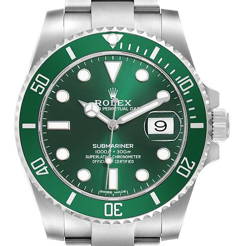 The Rolex Submariner watch is shown from the front, displaying its green bezel, dial, hands, markers, and date window.