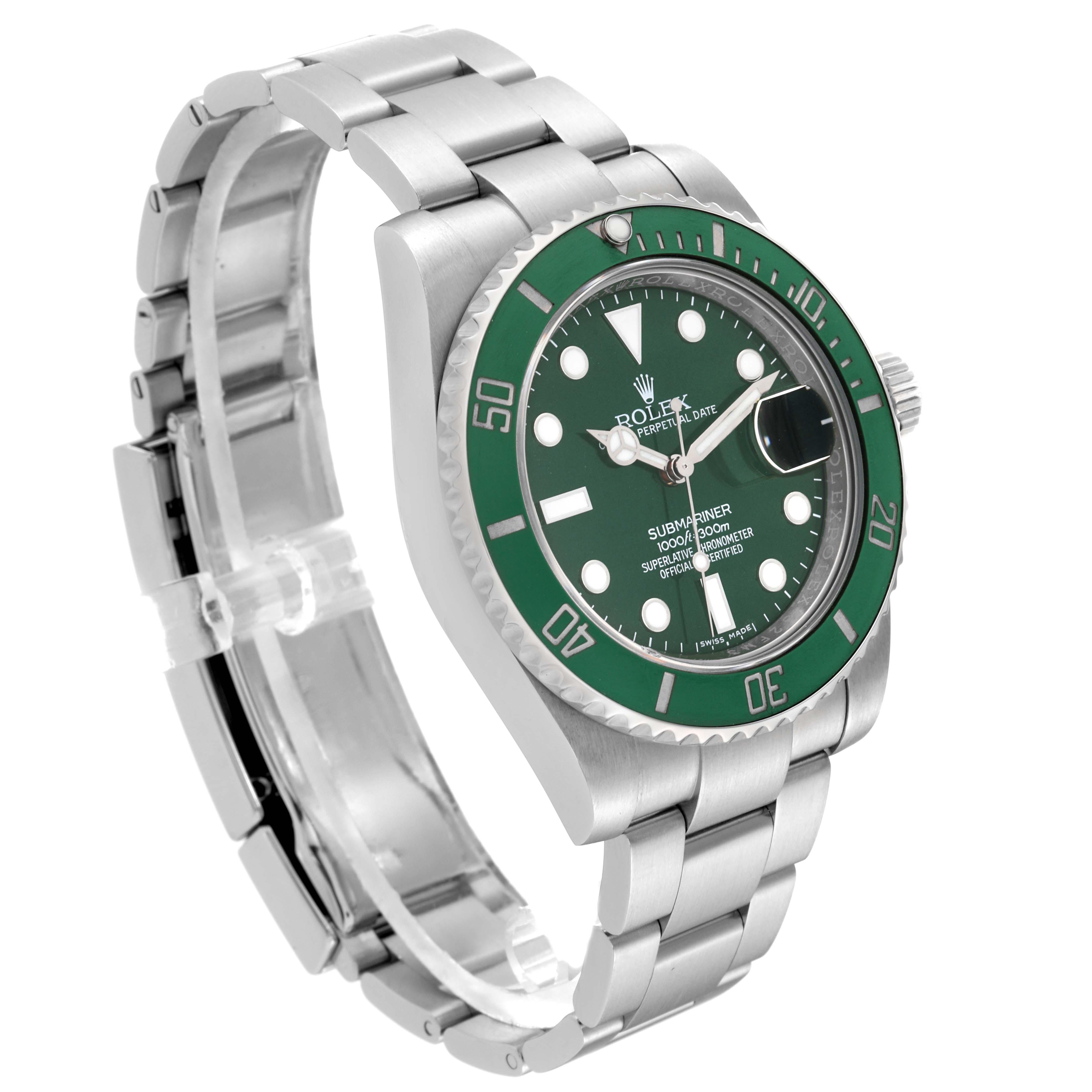 This image shows a side angle of a Rolex Submariner 116610LV Men's Stainless Steel Green Dial 116610LV Men's Stainless Steel Green Dial watch, featuring its green bezel, dial, and stainless steel bracelet.