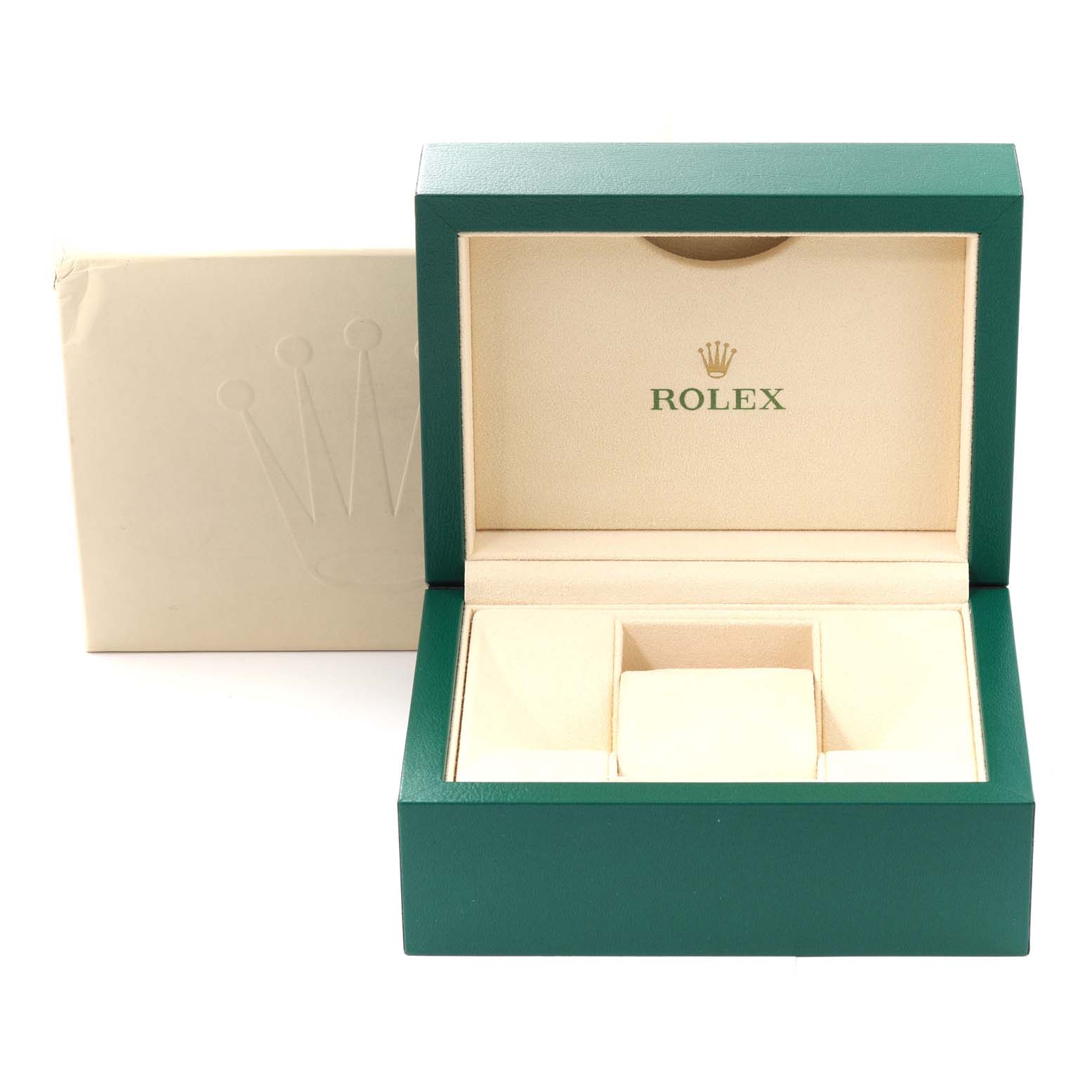 The image shows an empty Rolex Submariner 116610LV Men's Stainless Steel Green Dial 116610LV Men's Stainless Steel Green Dial watch box in green and beige color, emblazoned with the Rolex logo.