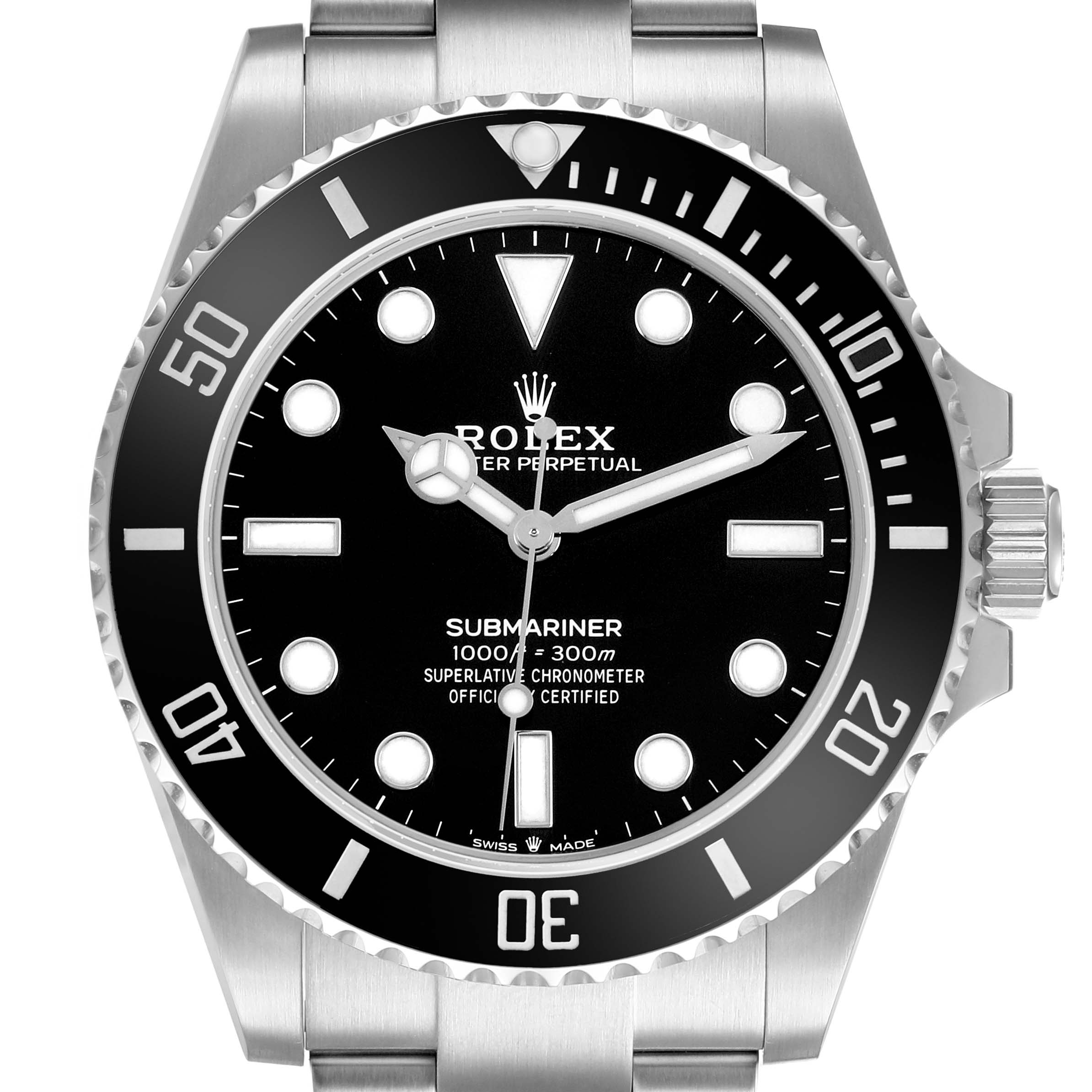 The Rolex Submariner M124060-0001 Men's Stainless Steel Black Dial watch is shown from a front angle, highlighting the dial, bezel, and part of the bracelet.