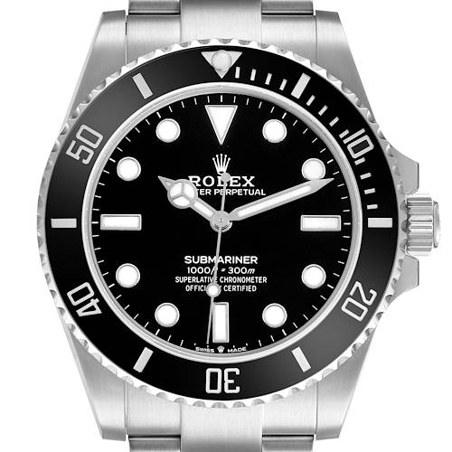 The image shows a front view of the Rolex Submariner M124060-0001 Men's Stainless Steel Black Dial, featuring its dial, bezel, and part of the bracelet.