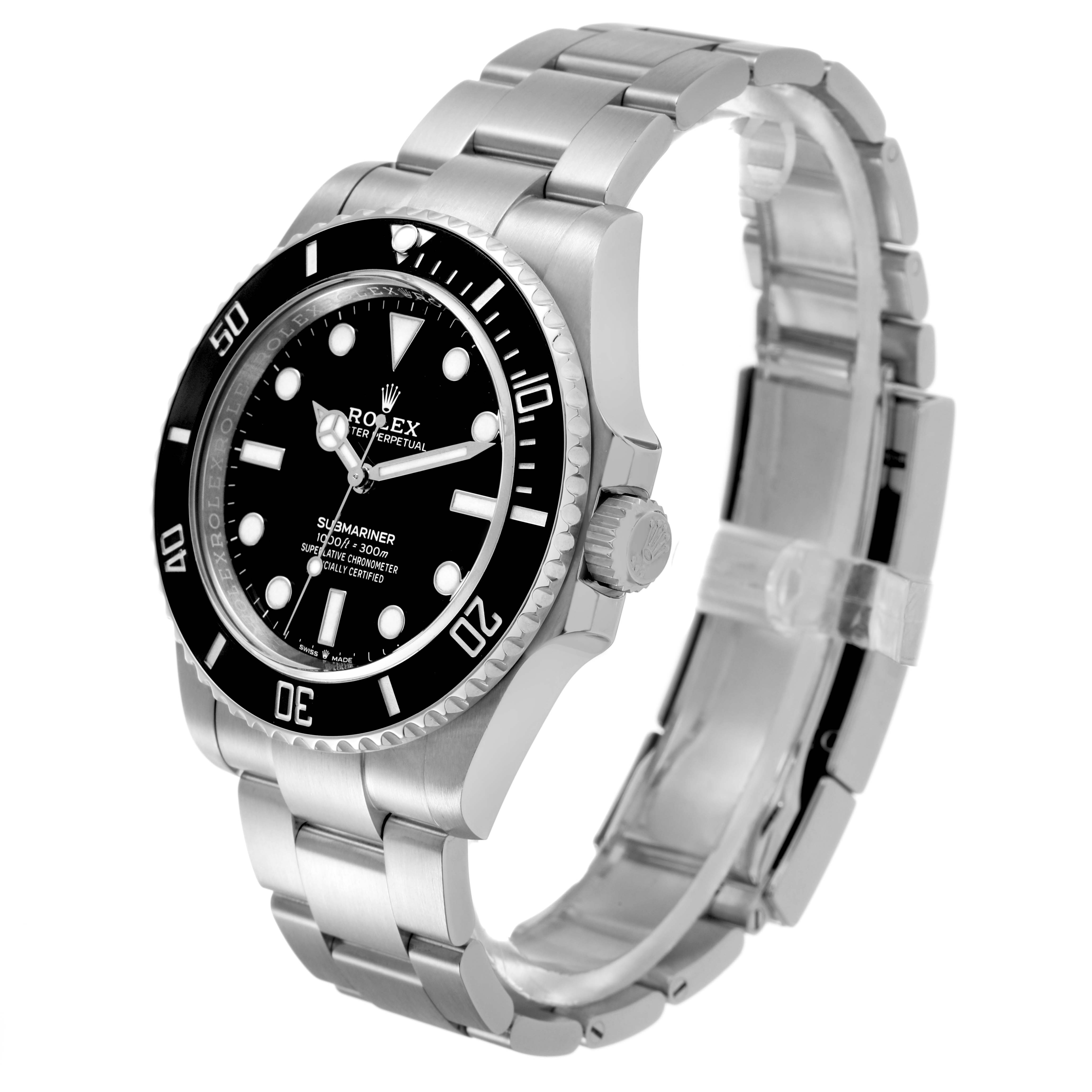 The Rolex Submariner M124060-0001 Men's Stainless Steel Black Dial watch is shown from a side angle, displaying the face, bezel, crown, and bracelet.