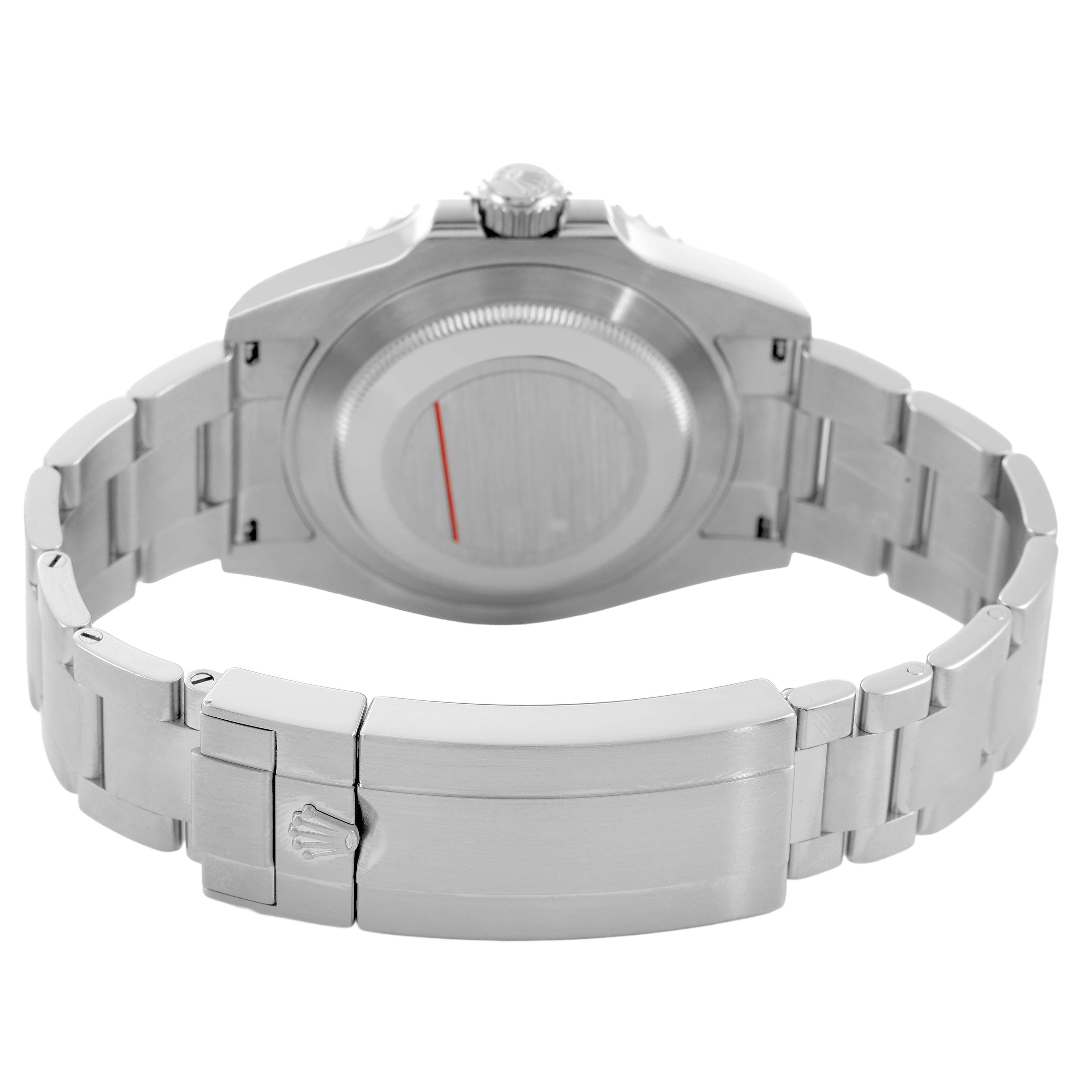 The Rolex Submariner M124060-0001 Men's Stainless Steel Black Dial is shown from the back, highlighting the case back, bracelet, and clasp with the Rolex logo.