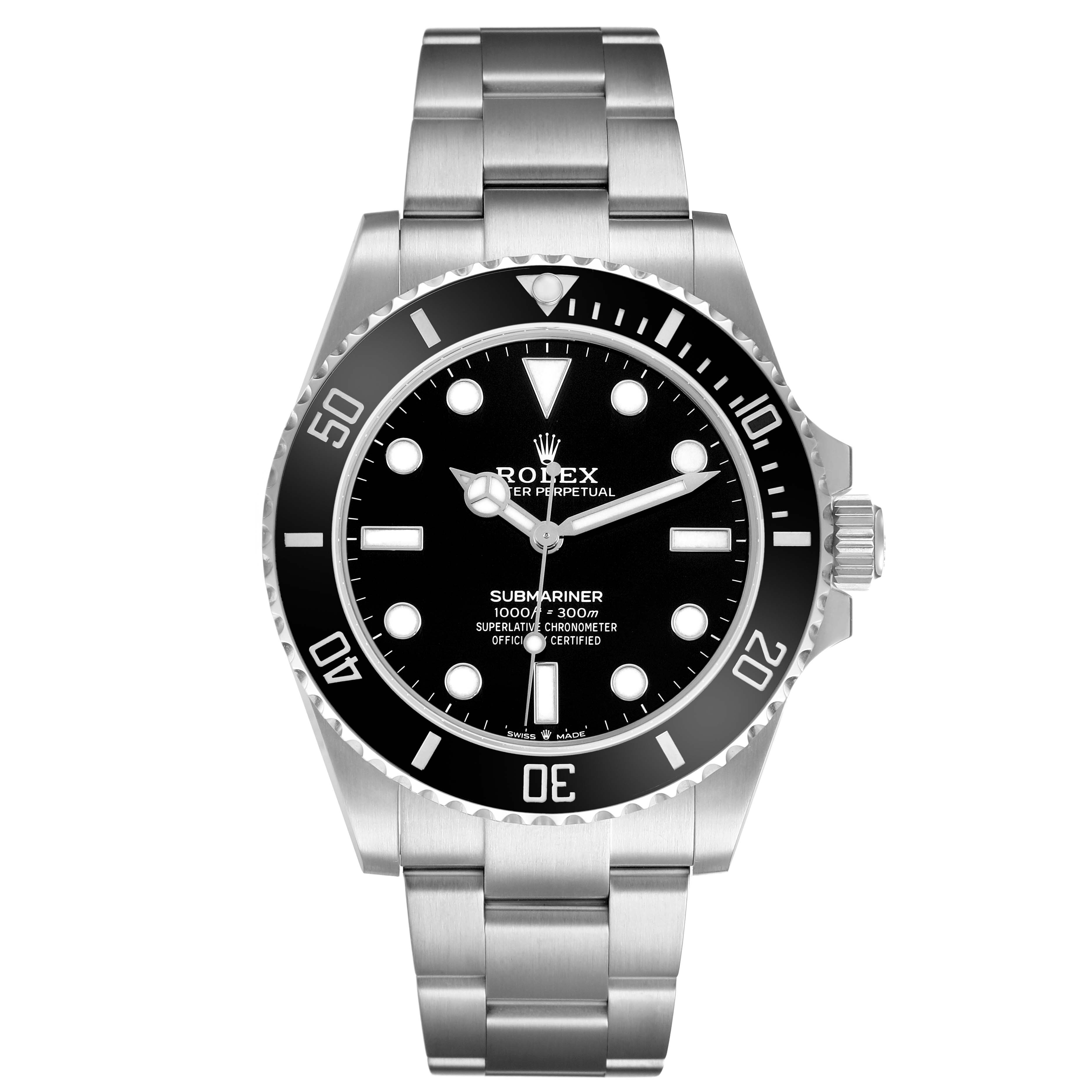 The image shows a front view of the Rolex Submariner M124060-0001 Men's Stainless Steel Black Dial, highlighting its dial, bezel, and bracelet.