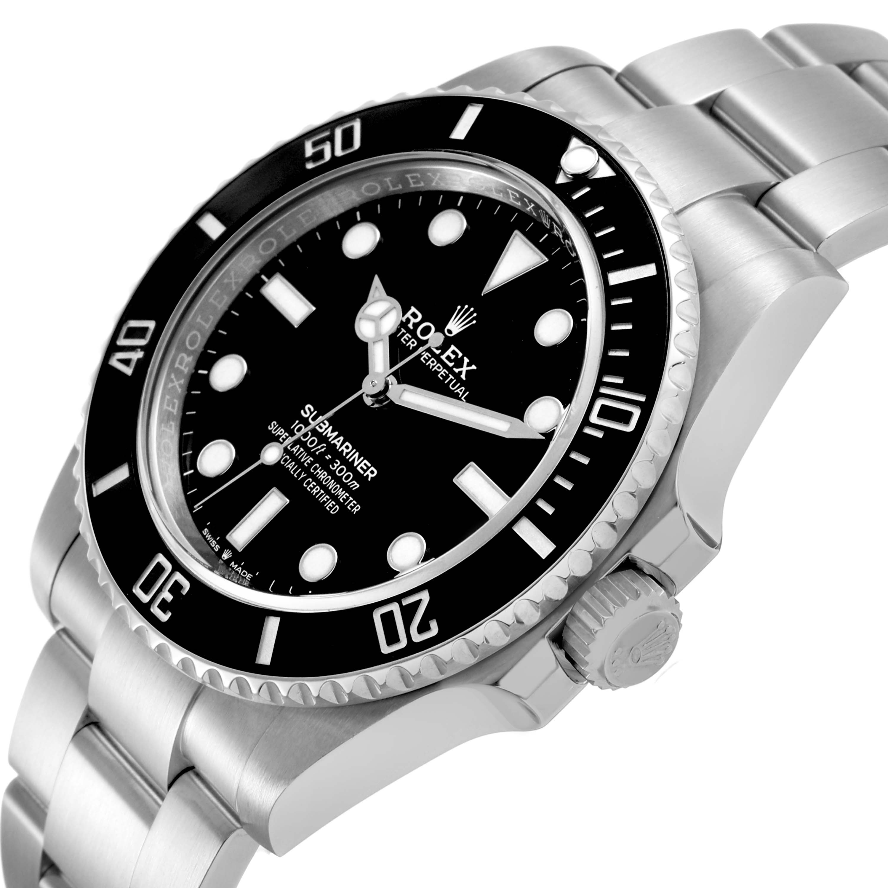 The Rolex Submariner M124060-0001 Men's Stainless Steel Black Dial watch is shown at a slight angle, highlighting the bezel, dial, crown, and bracelet.