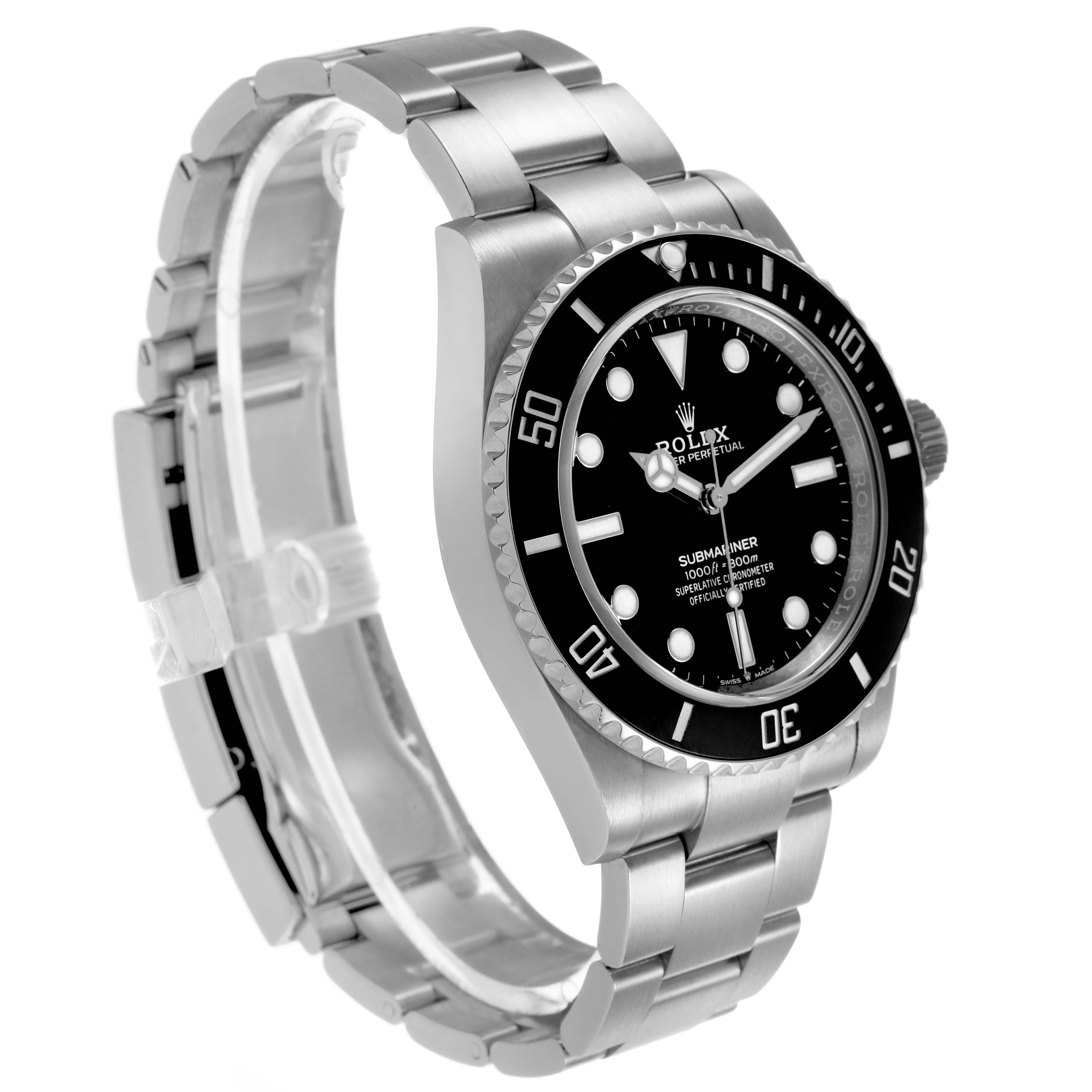 The Rolex Submariner M124060-0001 Men's Stainless Steel Black Dial watch is shown at a three-quarter angle, highlighting the face, bezel, and bracelet.