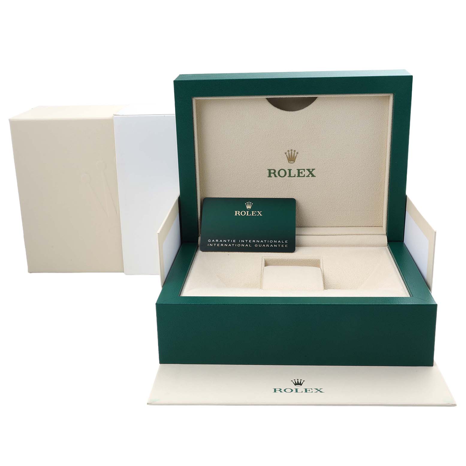 The image shows the packaging and warranty card for a Rolex Submariner M124060-0001 Men's Stainless Steel Black Dial, featuring an open box with the brand logo inside.
