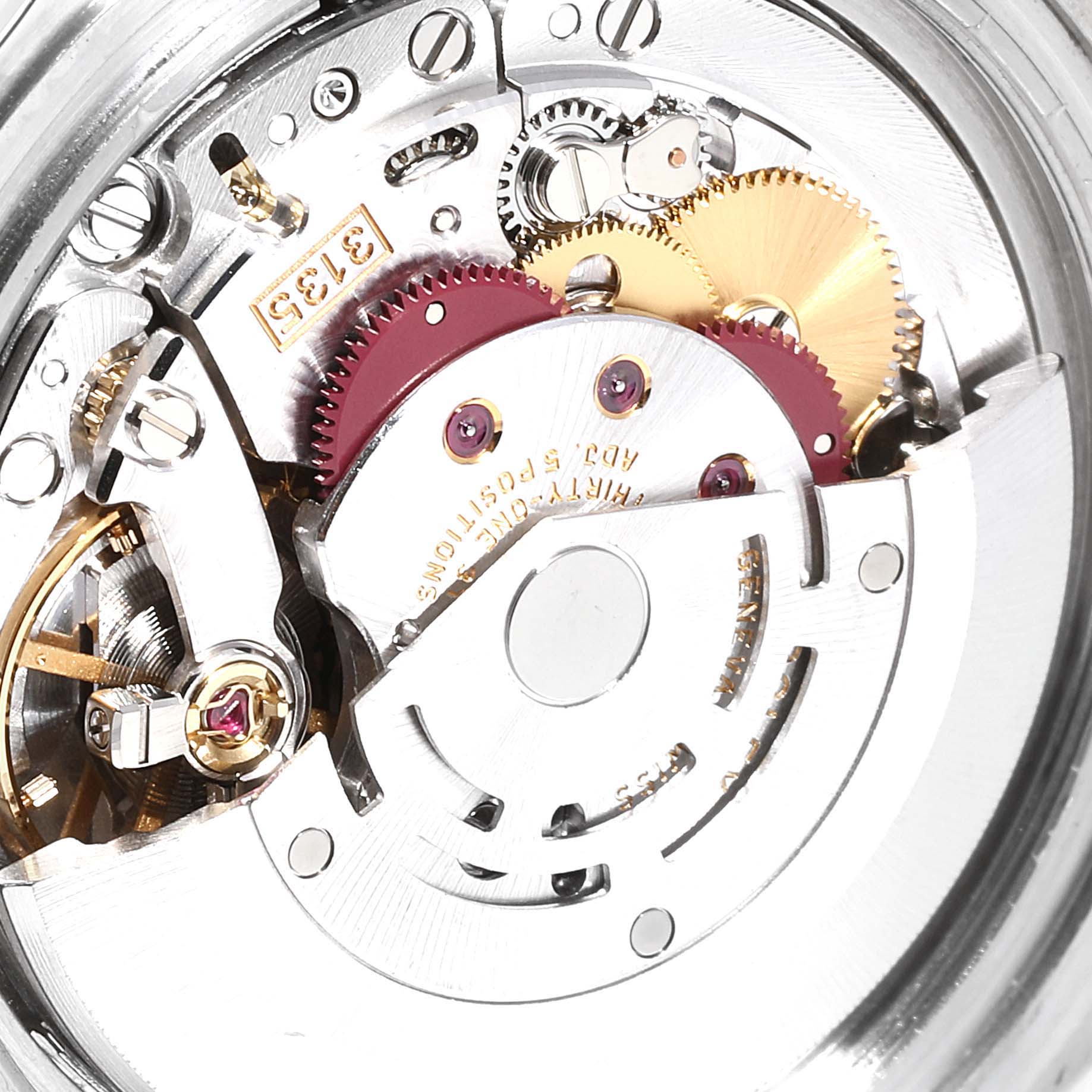 The image shows a close-up of the movement mechanism of a Rolex Submariner 16613 Men
s Steel and Gold (two tone) Grey Dial 16613 Men
s Steel and Gold (two tone) Grey Dial watch, highlighting gears and intricate components.