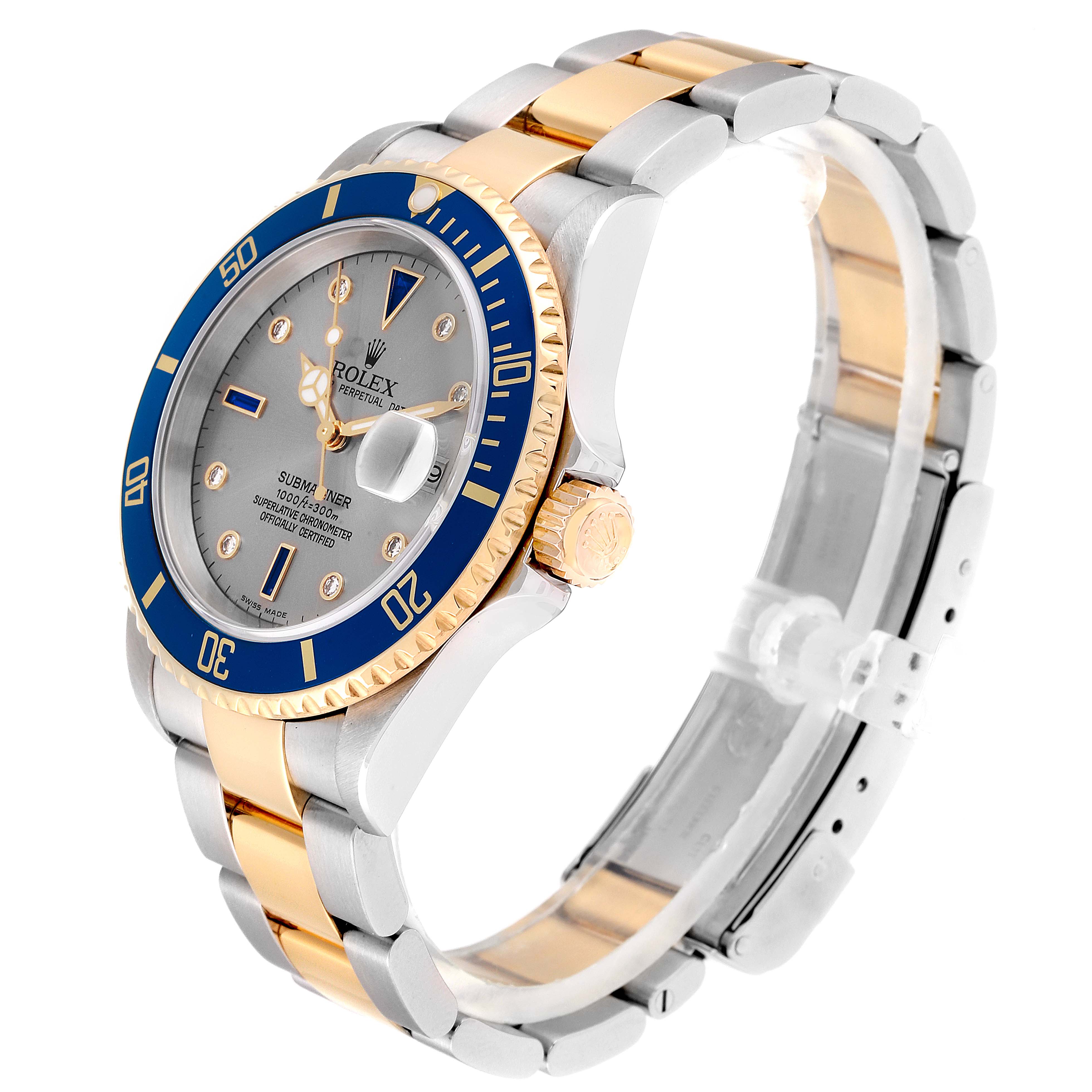 This image displays a Rolex Submariner 16613 Men
s Steel and Gold (two tone) Grey Dial 16613 Men
s Steel and Gold (two tone) Grey Dial watch at an angled view, showcasing the blue bezel, dial, and two-tone bracelet.
