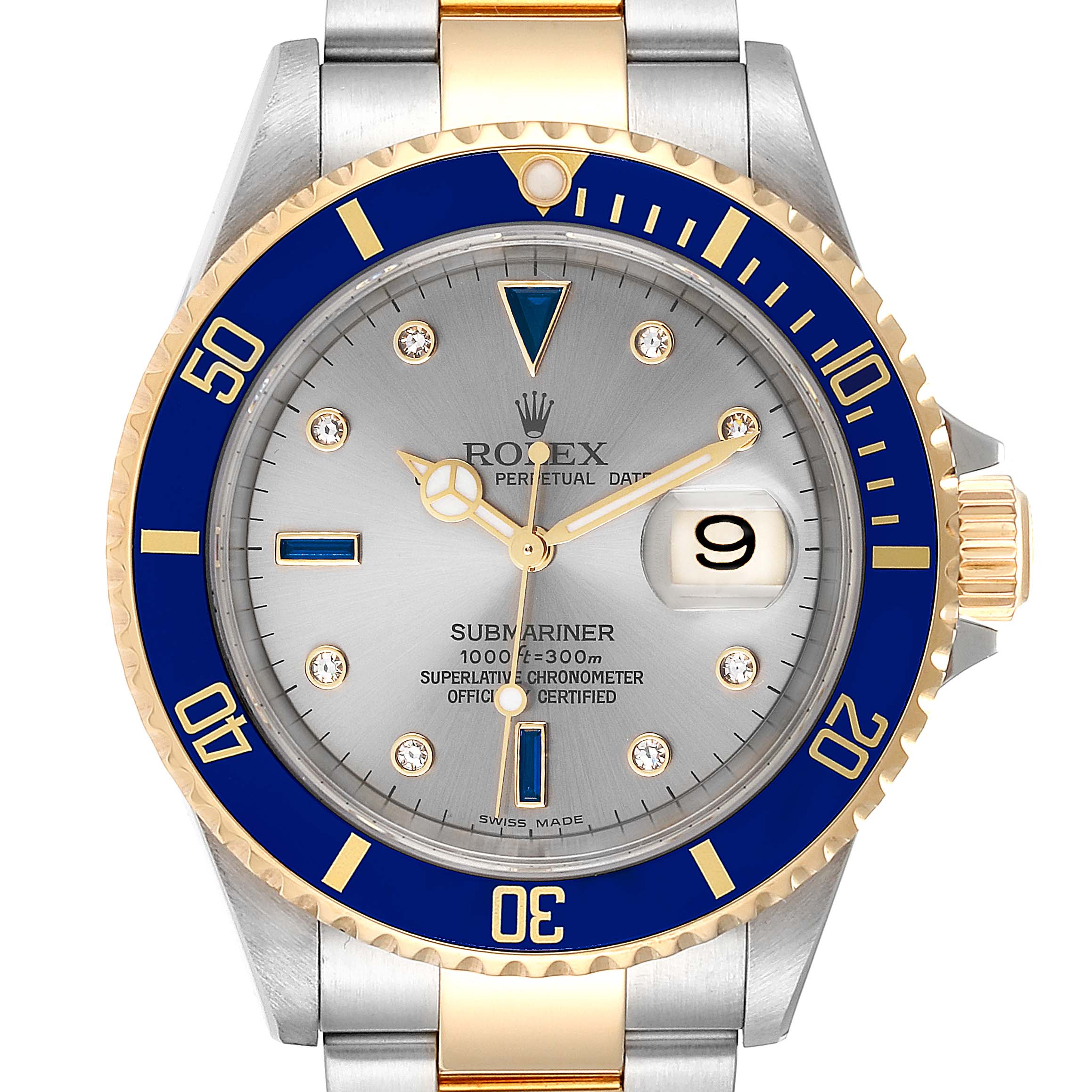 The image shows a frontal view of the Rolex Submariner 16613 Men
s Steel and Gold (two tone) Grey Dial 16613 Men
s Steel and Gold (two tone) Grey Dial watch, highlighting the face, bezel, and part of the bracelet.
