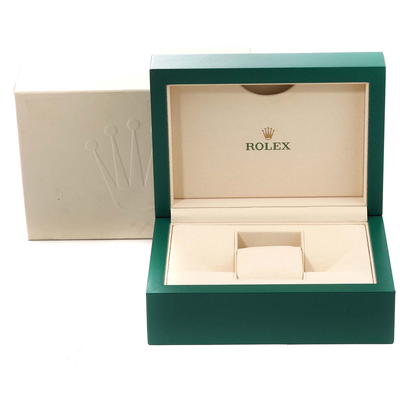 This image shows an empty green and beige Rolex watch box, likely for the Submariner model, with the outer box in the background.
