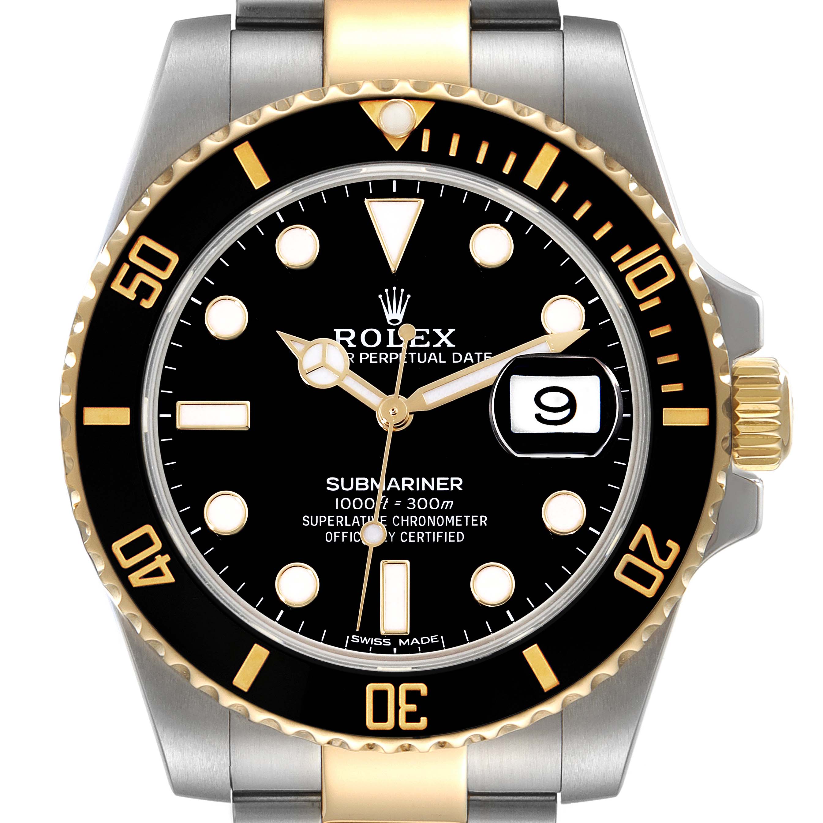 The image shows a front view of a Rolex Submariner 116613 Men
s Steel and Gold (two tone) Black Dial 116613 Men
s Steel and Gold (two tone) Black Dial watch, highlighting its black dial, rotating bezel, and date magnifier.