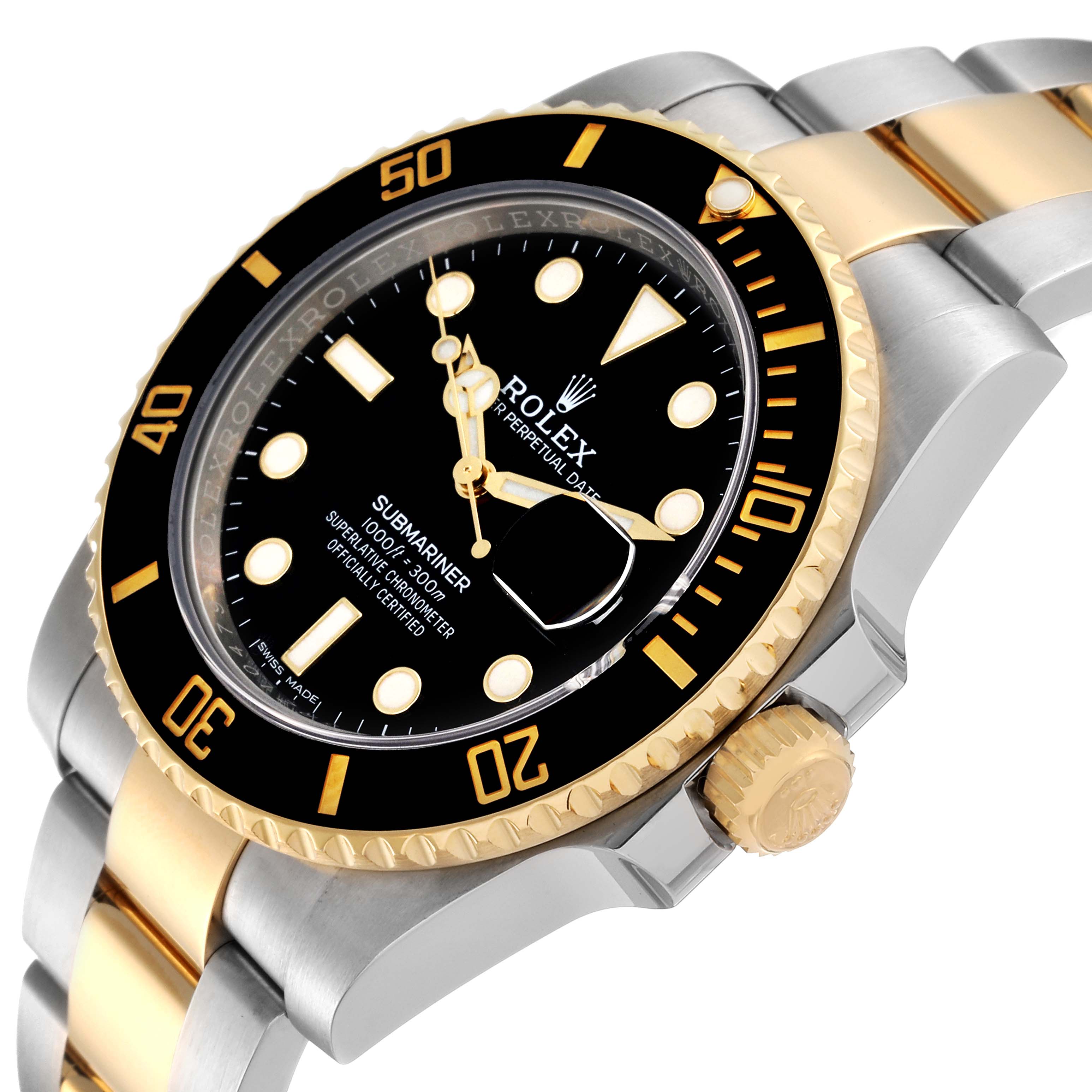 This Rolex Submariner 116613 Men
s Steel and Gold (two tone) Black Dial 116613 Men
s Steel and Gold (two tone) Black Dial watch is shown at an angle highlighting the black and gold bezel, dial, crown, and two-tone bracelet.