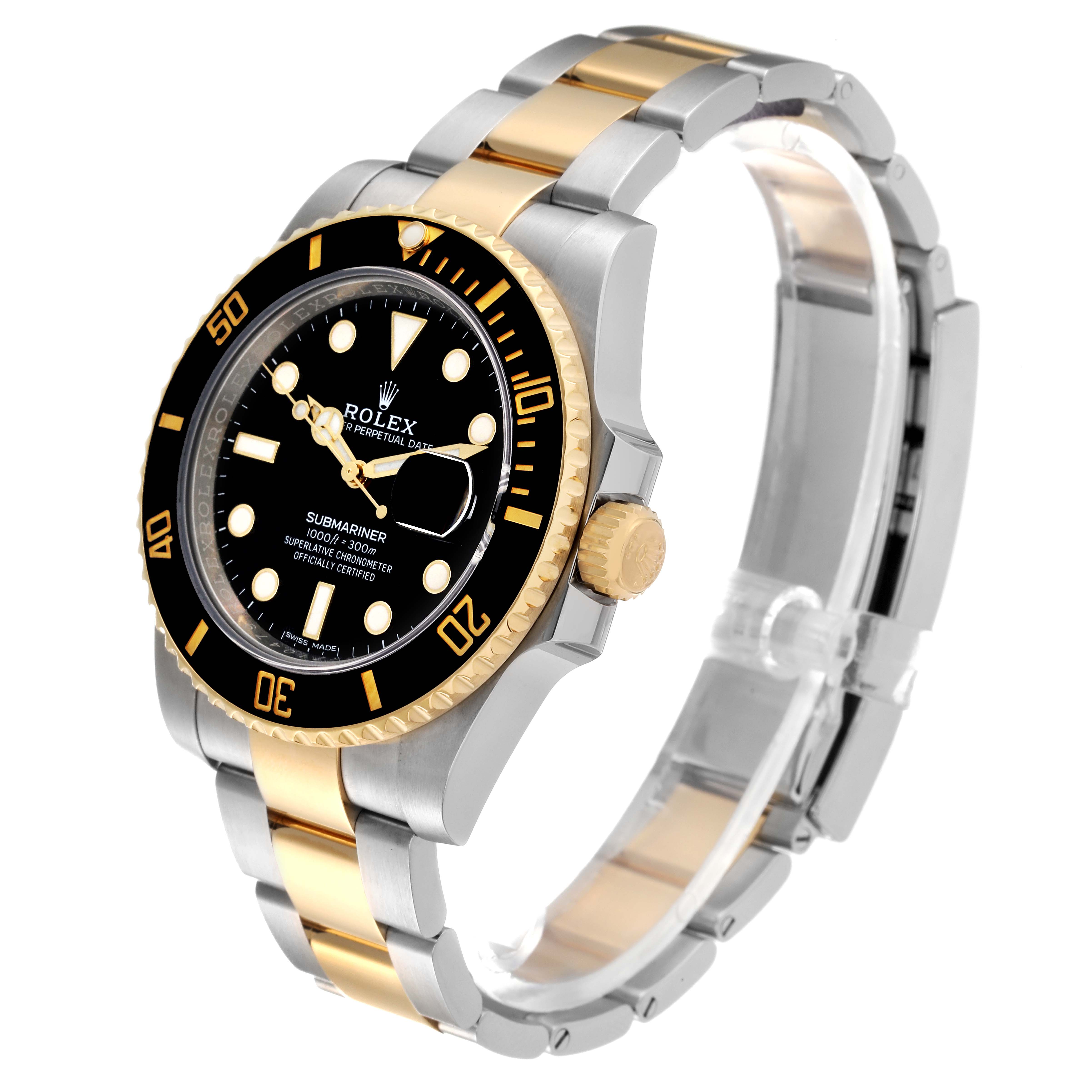 The Rolex Submariner 116613 Men
s Steel and Gold (two tone) Black Dial 116613 Men
s Steel and Gold (two tone) Black Dial watch is shown at a three-quarter angle, highlighting its black dial, bezel, and two-tone metal band.