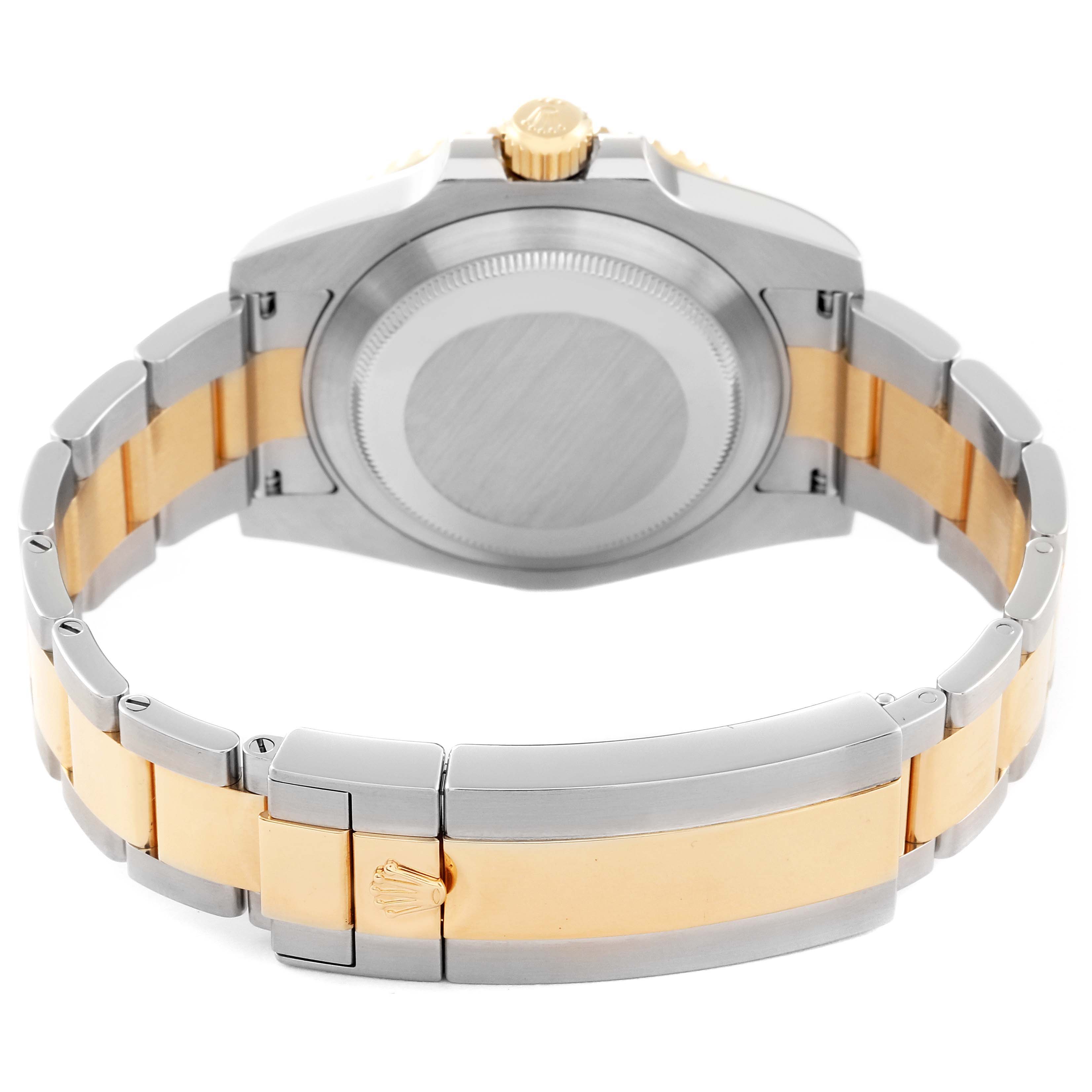 This image displays the rear view of the Rolex Submariner 116613 Men
s Steel and Gold (two tone) Black Dial 116613 Men
s Steel and Gold (two tone) Black Dial watch, highlighting its case back and two-tone metal bracelet.