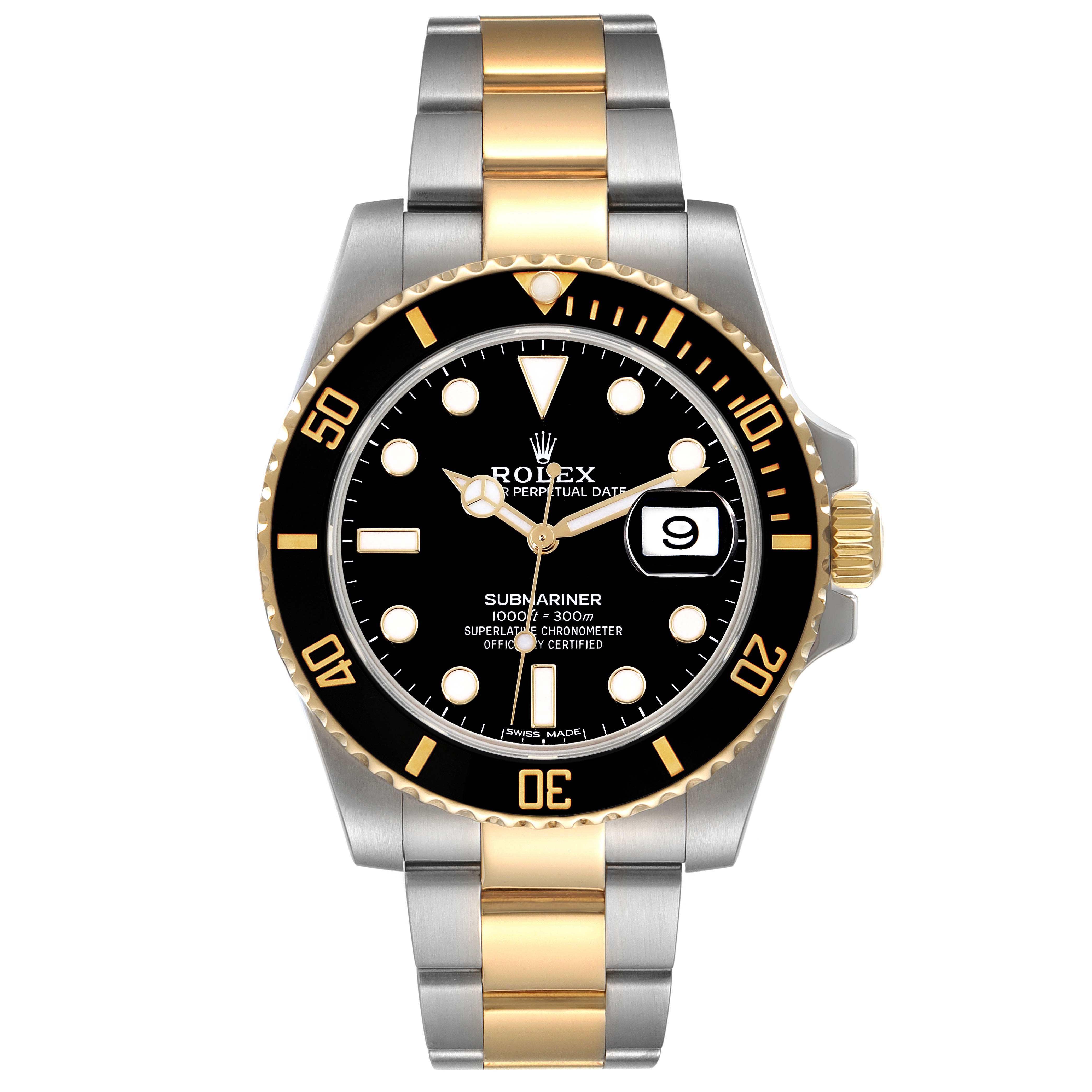 This image shows a front angle of a Rolex Submariner 116613 Men
s Steel and Gold (two tone) Black Dial 116613 Men
s Steel and Gold (two tone) Black Dial watch, highlighting its black dial, gold bezel, and two-tone metal bracelet.