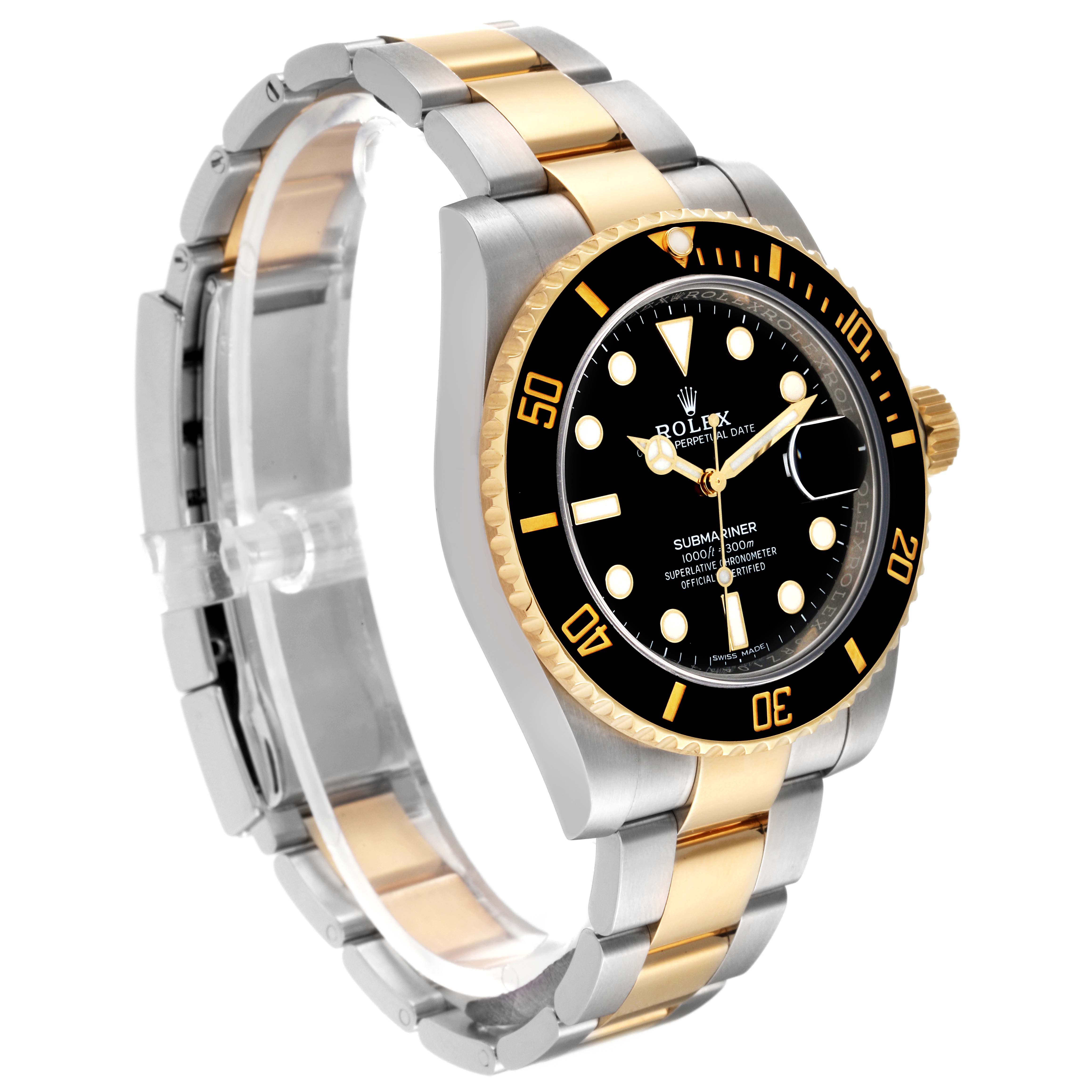 This image shows a Rolex Submariner 116613 Men
s Steel and Gold (two tone) Black Dial 116613 Men
s Steel and Gold (two tone) Black Dial watch at a three-quarter angle, highlighting its bracelet, bezel, and face.