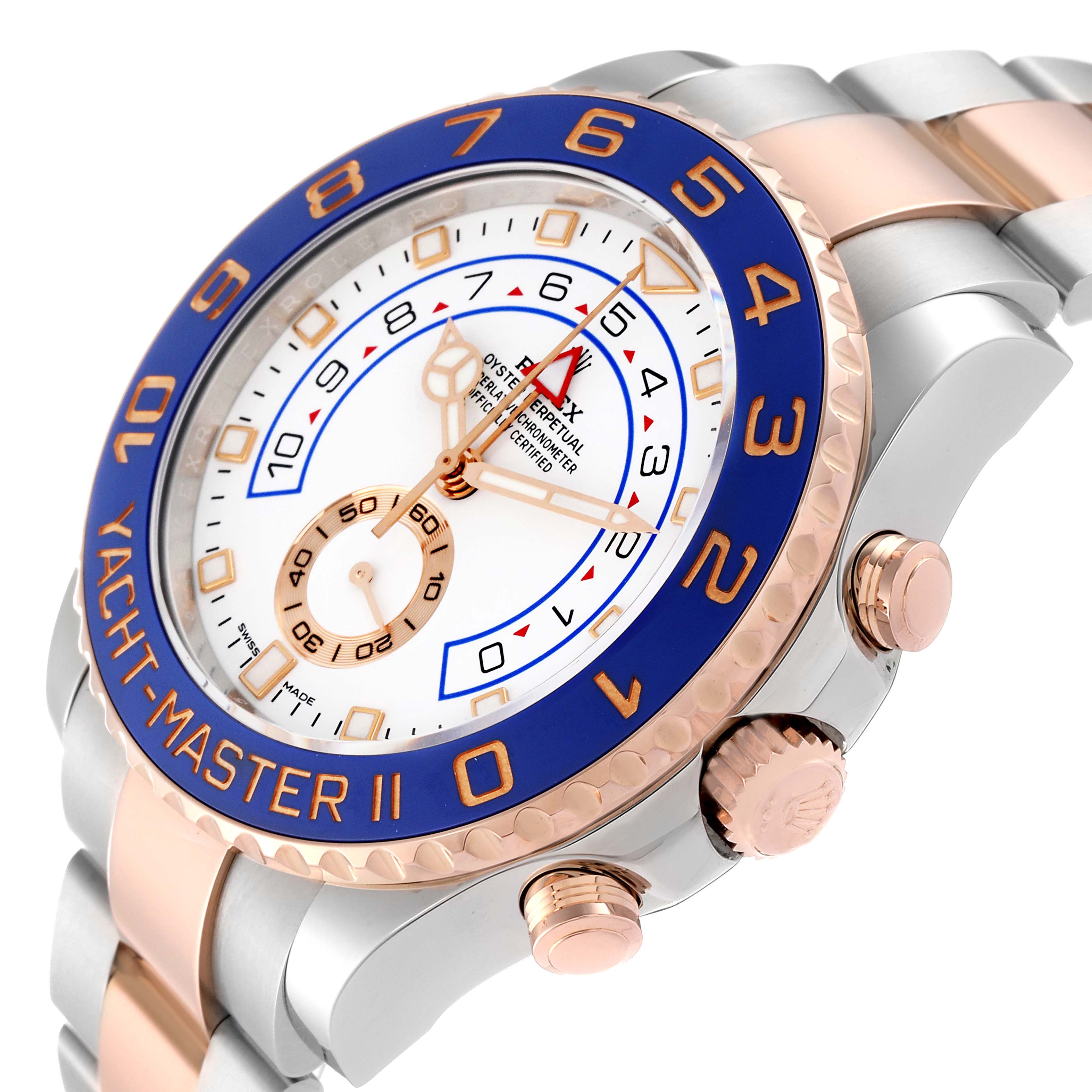 The image shows the face, crown, and bezel of a Rolex Yacht-Master 116681 Men's Steel and Gold (two tone) White Dial 116681 Men's Steel and Gold (two tone) White Dial II watch at a slight angle.