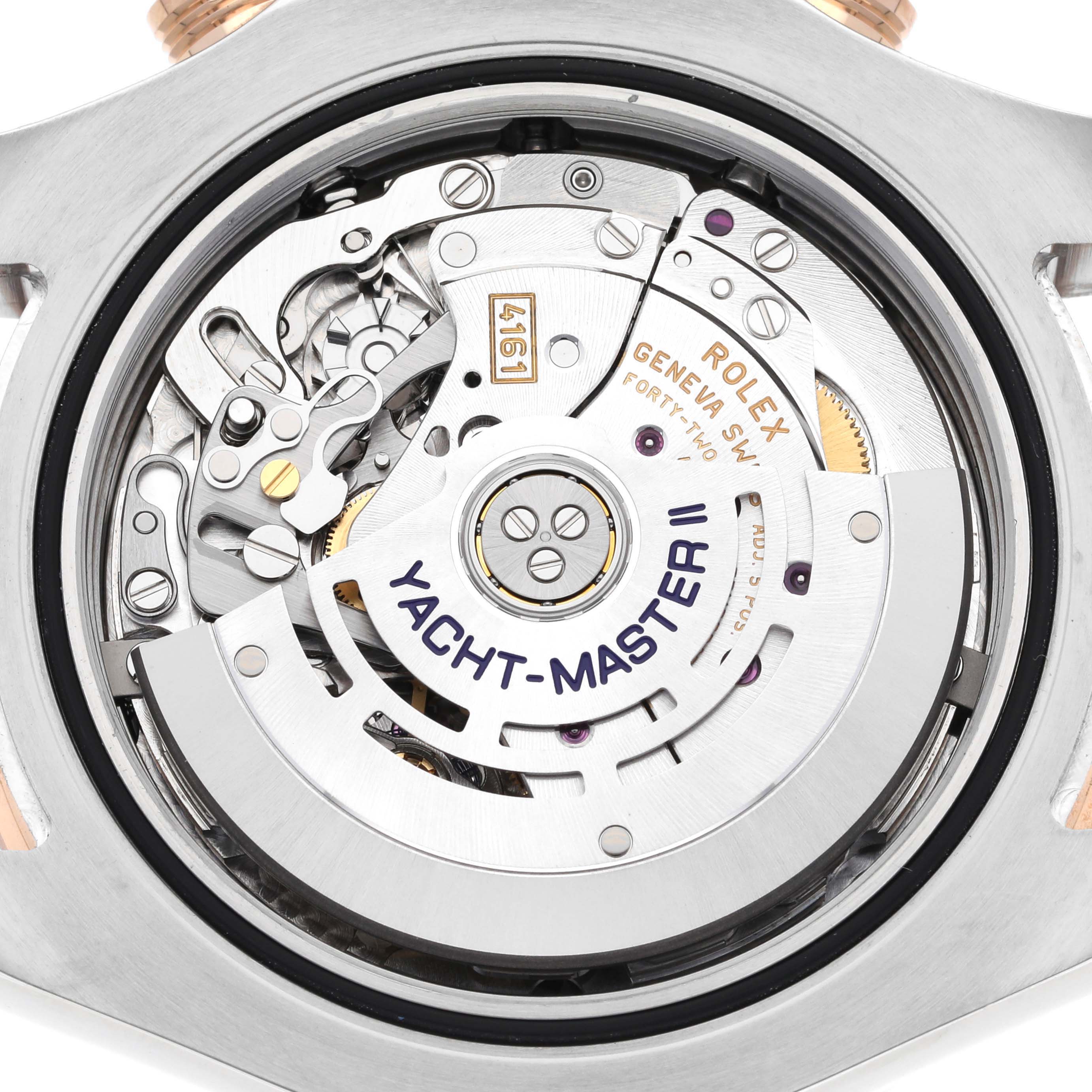 The image shows the internal mechanical movement of a Rolex Yacht-Master 116681 Men's Steel and Gold (two tone) White Dial 116681 Men's Steel and Gold (two tone) White Dial watch from a close-up, rear angle.