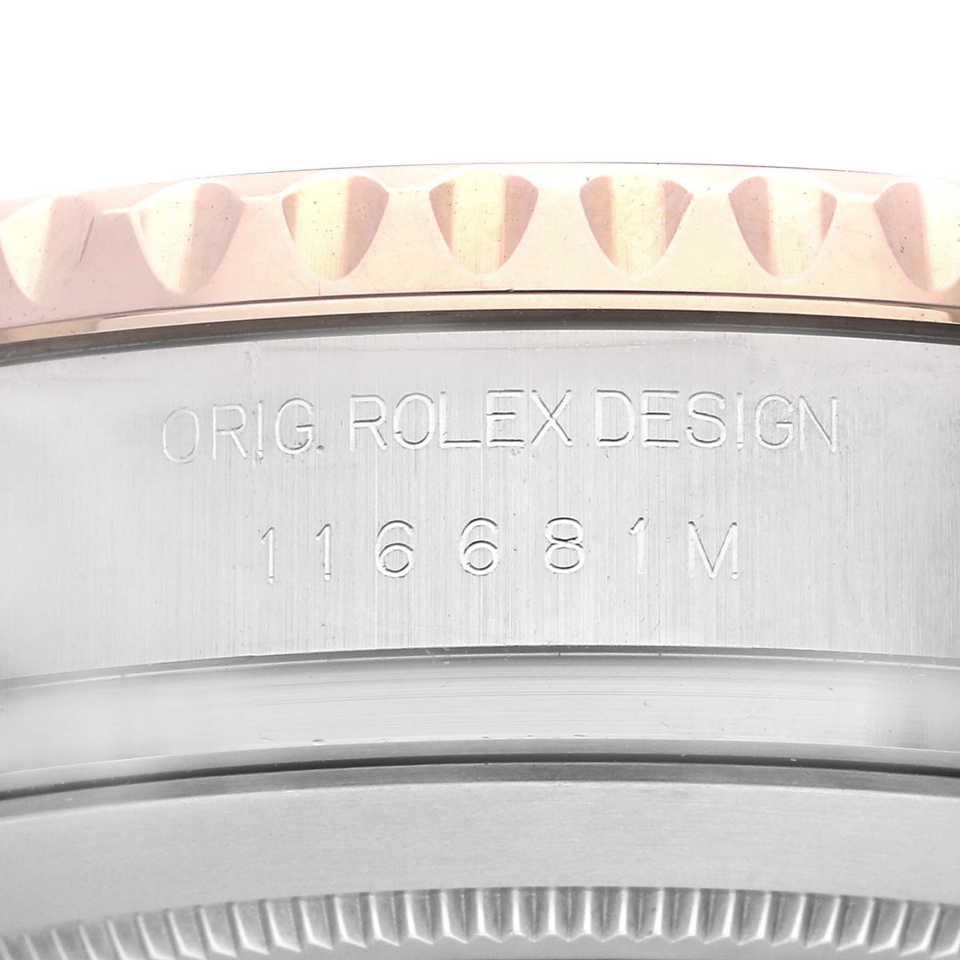 The image shows a close-up view of the bezel and case back of a Rolex Yacht-Master 116681 Men's Steel and Gold (two tone) White Dial 116681 Men's Steel and Gold (two tone) White Dial watch, featuring the model number 116681.