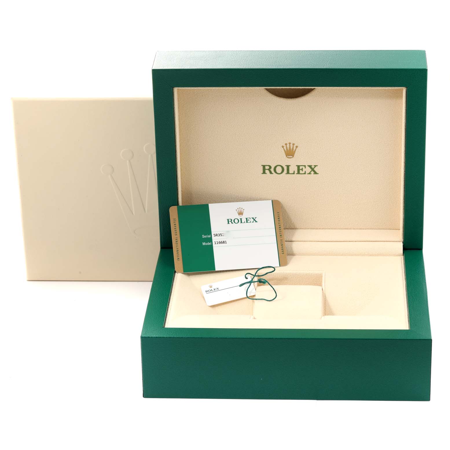 The image shows a Rolex Yacht-Master 116681 Men's Steel and Gold (two tone) White Dial 116681 Men's Steel and Gold (two tone) White Dial watch box, warranty card, and tag from a front angle.