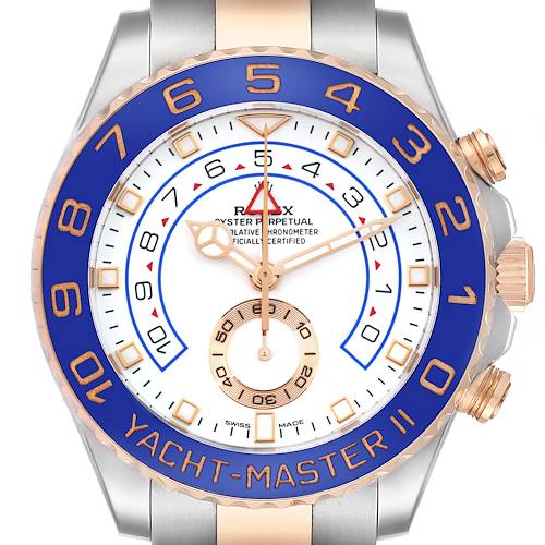 The Rolex Yacht-Master watch is shown from the front, displaying the bezel, dial, hands, subdial, and crown.