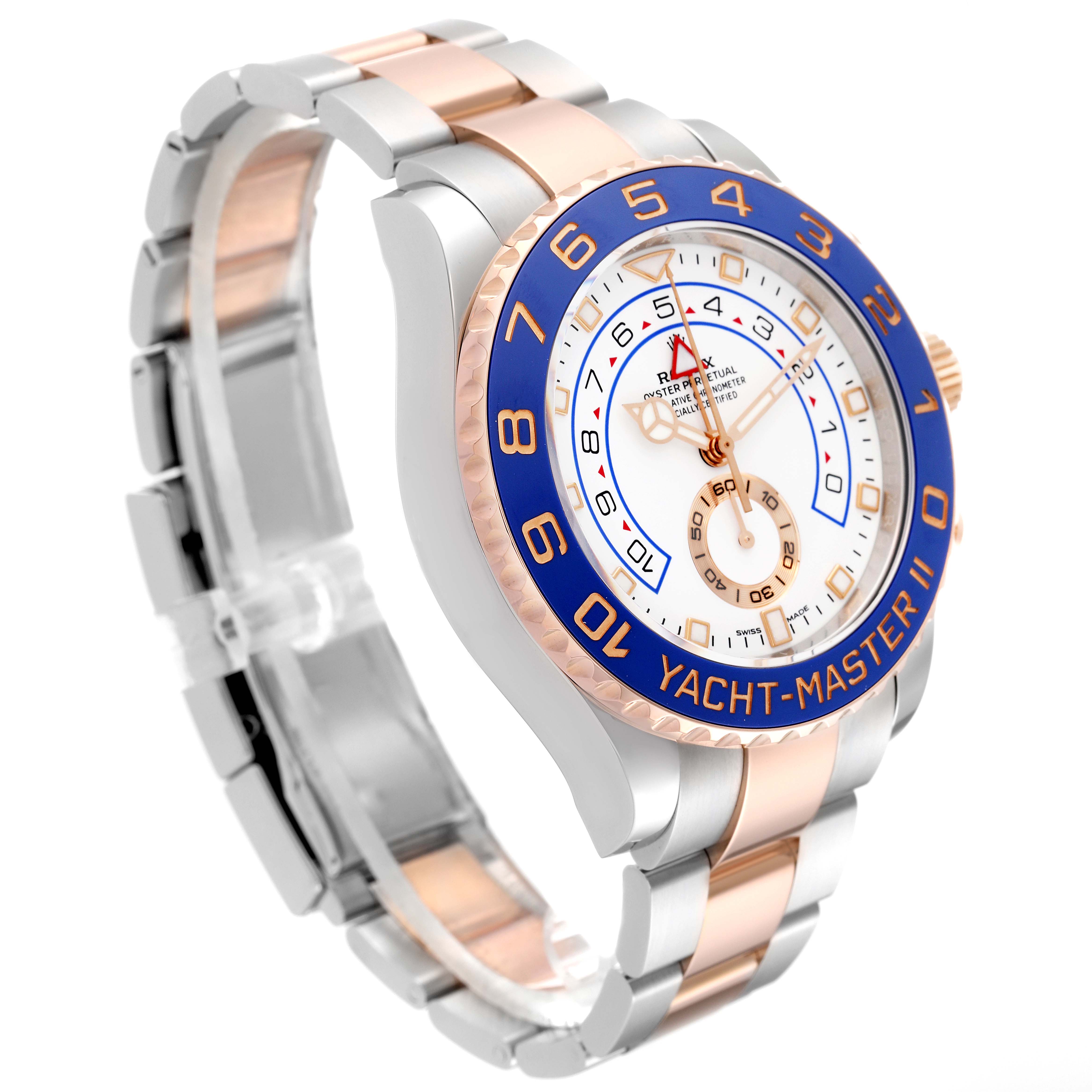 The Rolex Yacht-Master 116681 Men's Steel and Gold (two tone) White Dial 116681 Men's Steel and Gold (two tone) White Dial watch is shown at an oblique angle, highlighting its dial, bezel, and bracelet.
