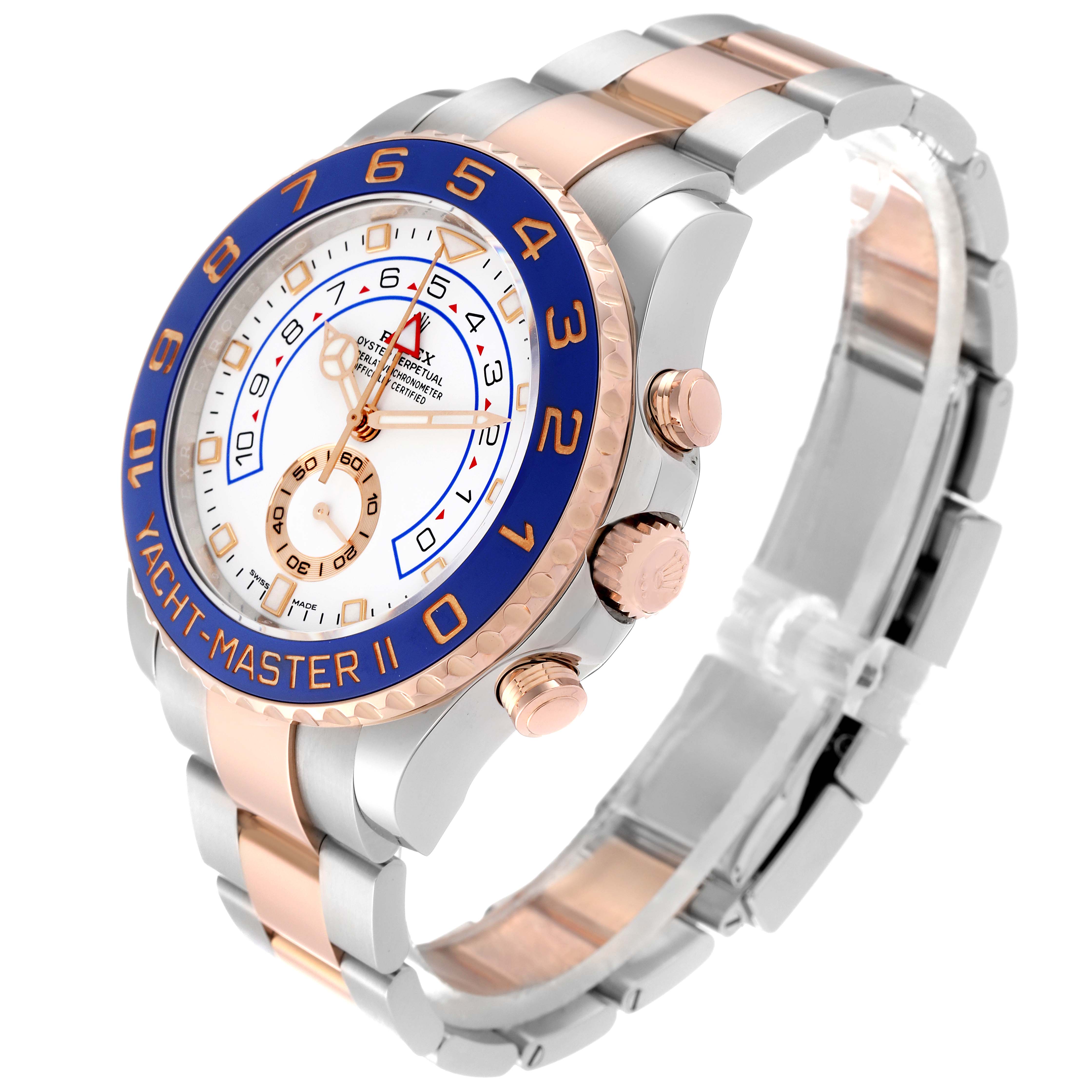 The image shows a side and angled view of a Rolex Yacht-Master 116681 Men's Steel and Gold (two tone) White Dial 116681 Men's Steel and Gold (two tone) White Dial II watch, highlighting the bezel, dial, and bracelet.