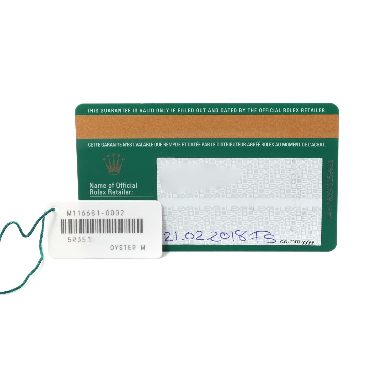 The image shows the warranty card and tag for a Rolex Yacht-Master 116681 Men's Steel and Gold (two tone) White Dial 116681 Men's Steel and Gold (two tone) White Dial watch, with the card partially filled out and dated.