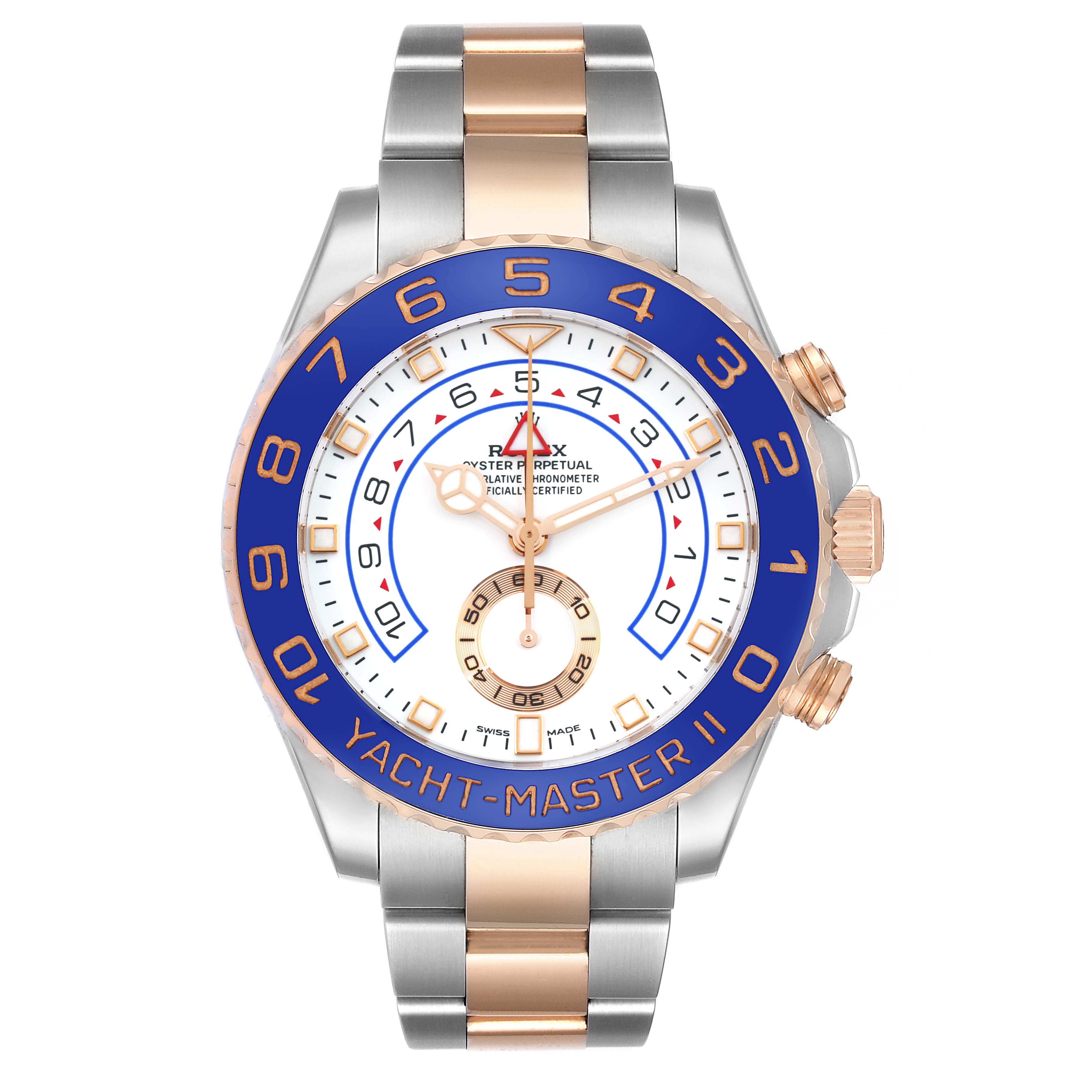 The image shows a head-on view of the Rolex Yacht-Master 116681 Men's Steel and Gold (two tone) White Dial 116681 Men's Steel and Gold (two tone) White Dial II watch, highlighting the dial, bezel, and bracelet.