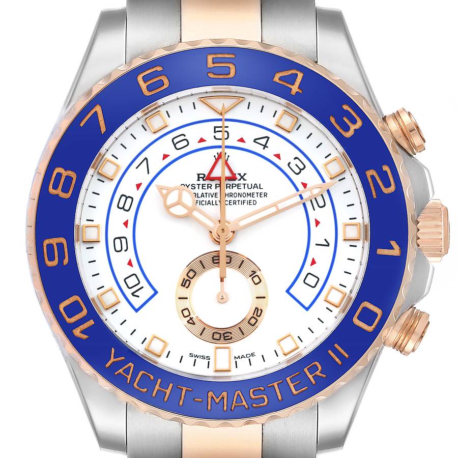 This image shows a front view of a Rolex Yacht-Master watch, highlighting the bezel, dial, hands, and crown.