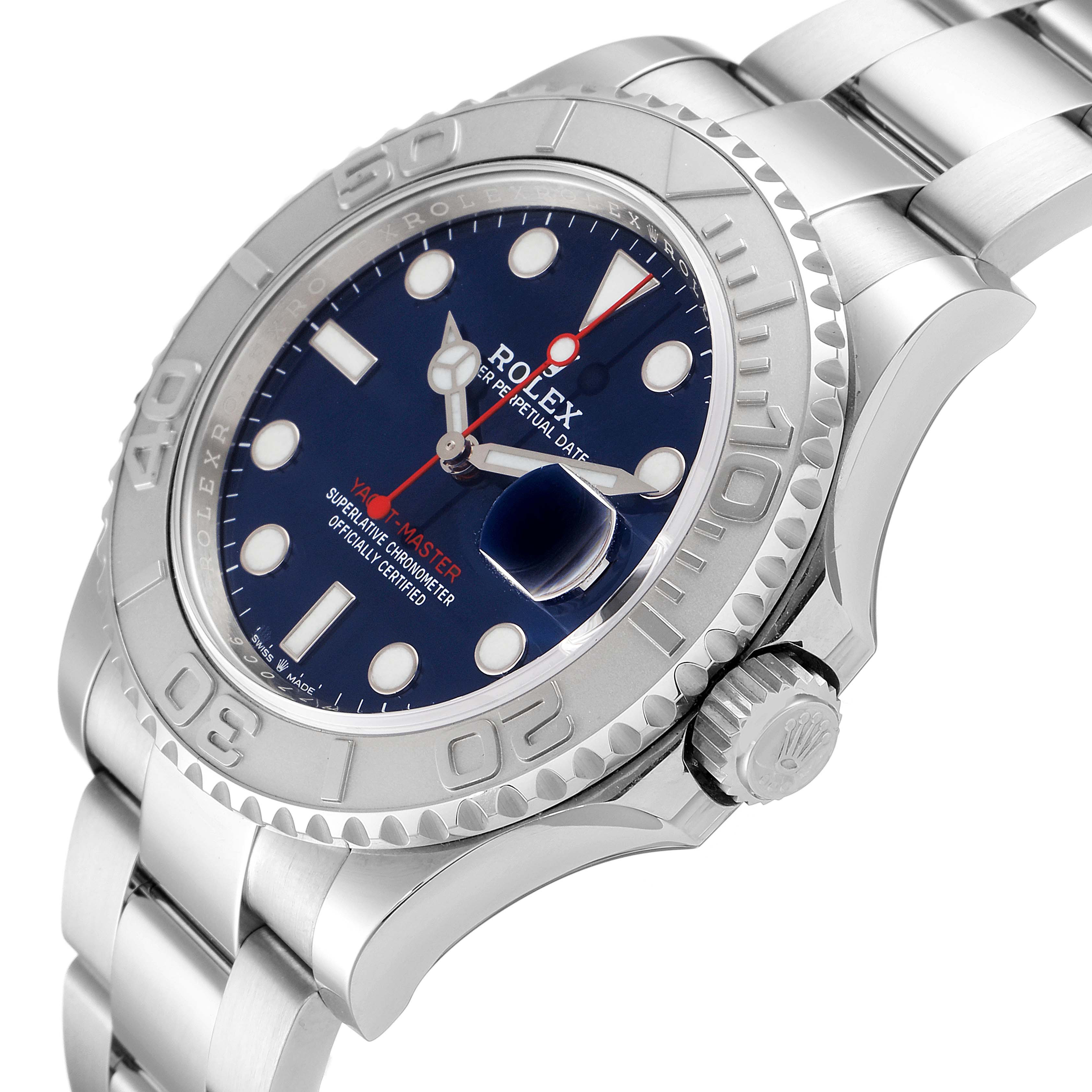 The image shows a side-angle view of the Rolex Yacht-Master 126622 Men
s Stainless Steel Blue Dial 126622 Men
s Stainless Steel Blue Dial watch, highlighting the case, bezel, crown, and part of the bracelet.