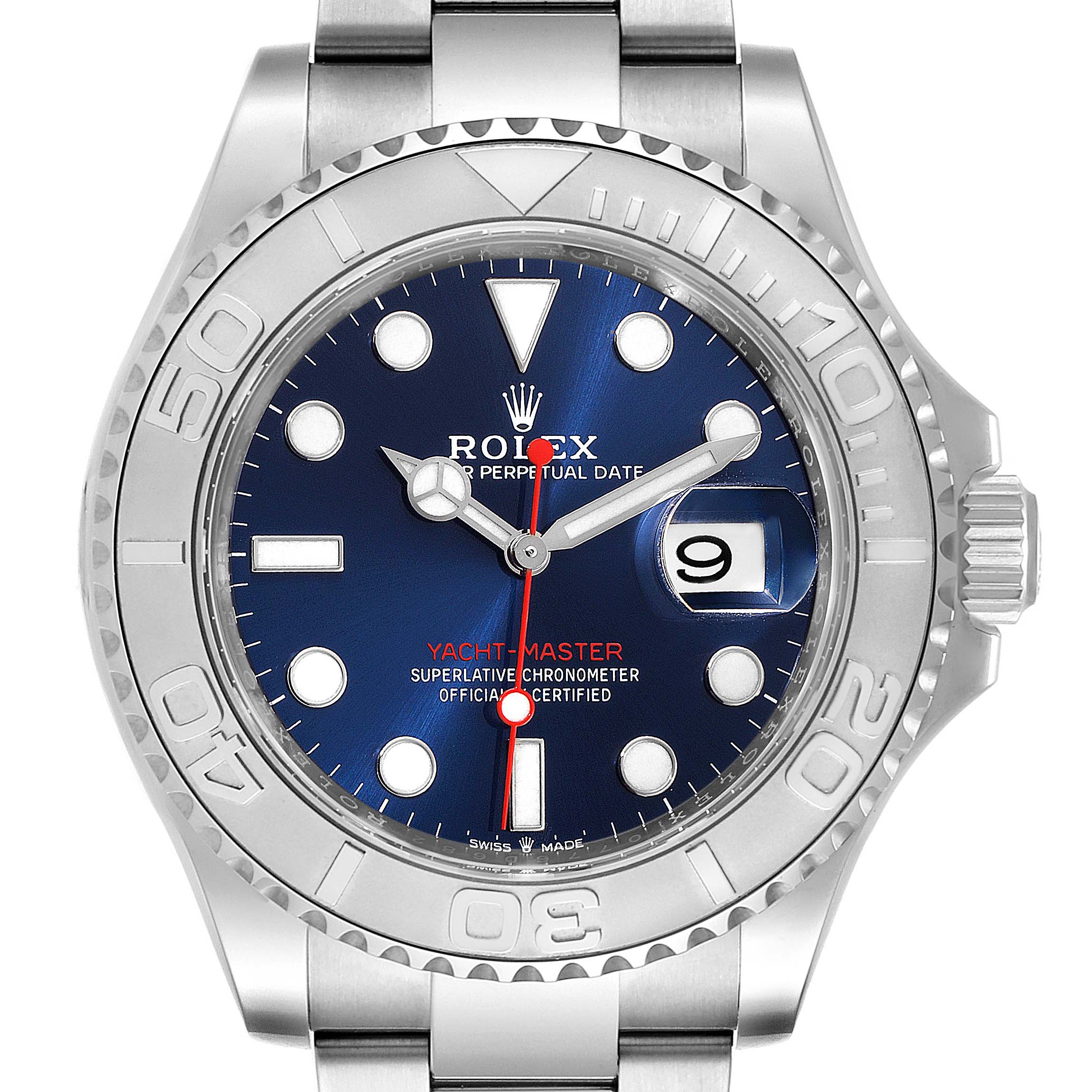 The image shows a close-up, frontal view of a Rolex Yacht-Master 126622 Men
s Stainless Steel Blue Dial 126622 Men
s Stainless Steel Blue Dial watch, highlighting the dial, bezel, and part of the band.