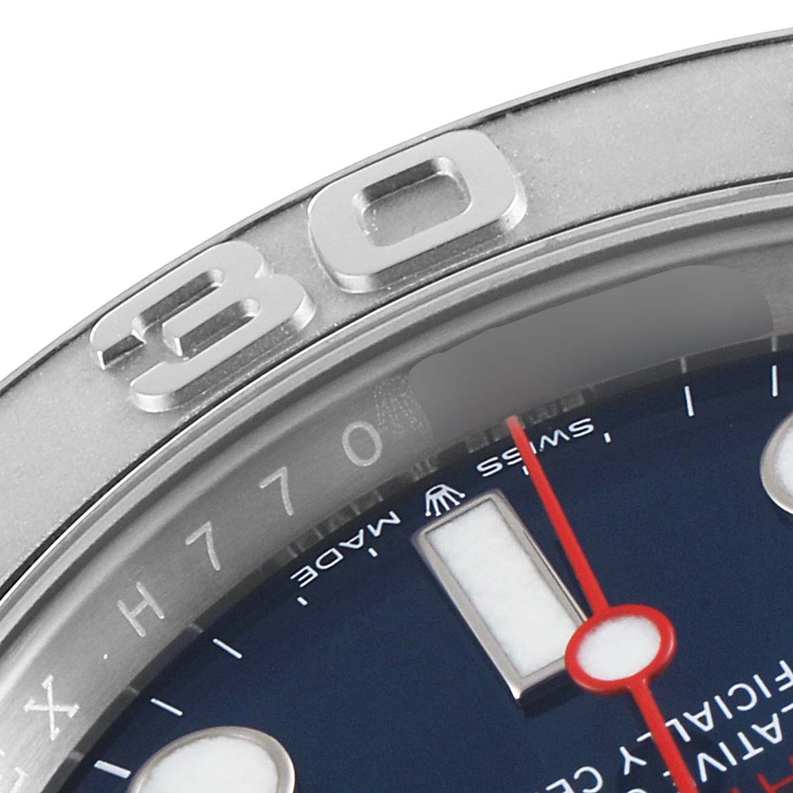 The image shows a close-up of the bezel and part of the dial of the Rolex Yacht-Master 126622 Men
s Stainless Steel Blue Dial 126622 Men
s Stainless Steel Blue Dial watch, highlighting the "30" numeral.