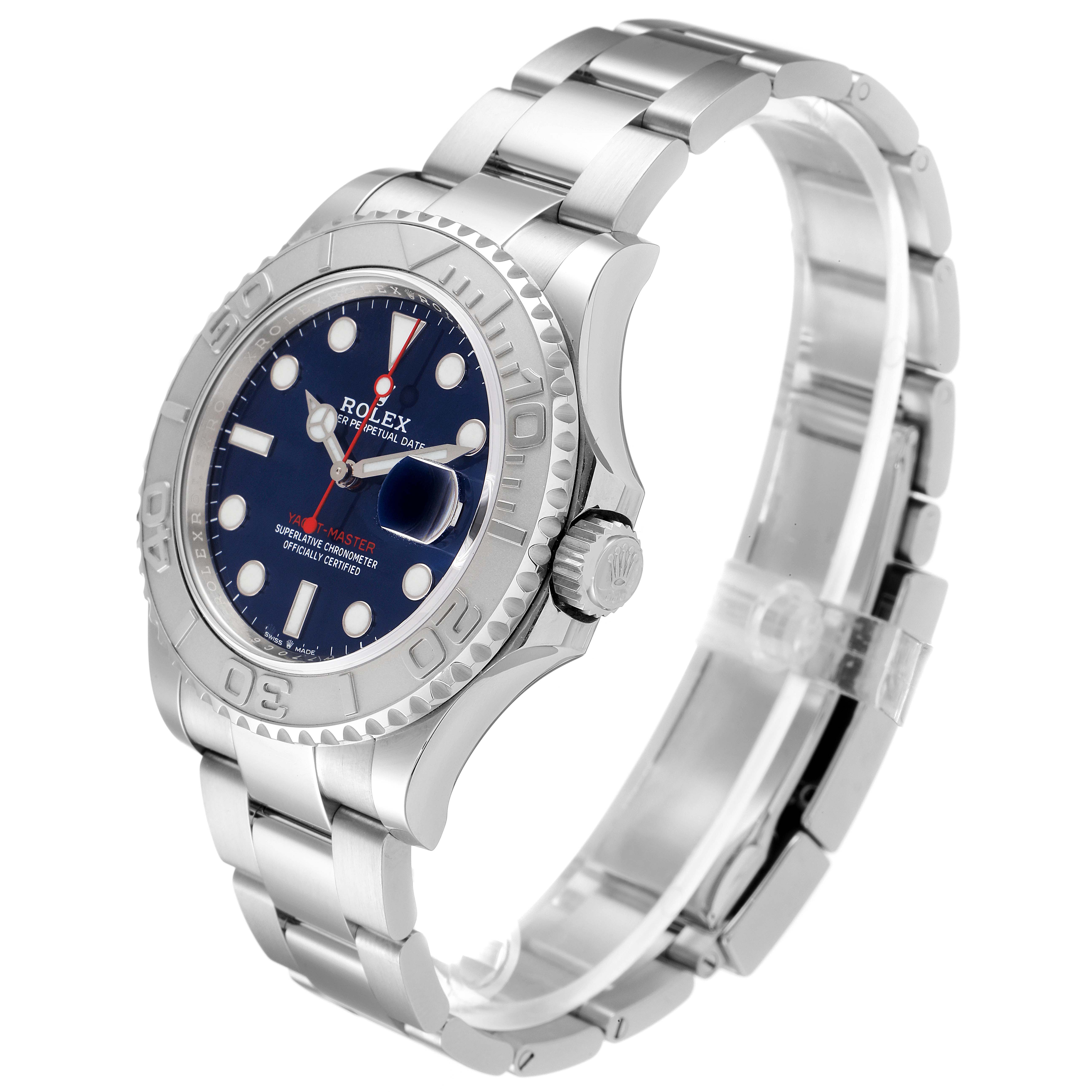 This image shows a side and front angle of a Rolex Yacht-Master 126622 Men
s Stainless Steel Blue Dial 126622 Men
s Stainless Steel Blue Dial watch, highlighting its bracelet, bezel, and crown.