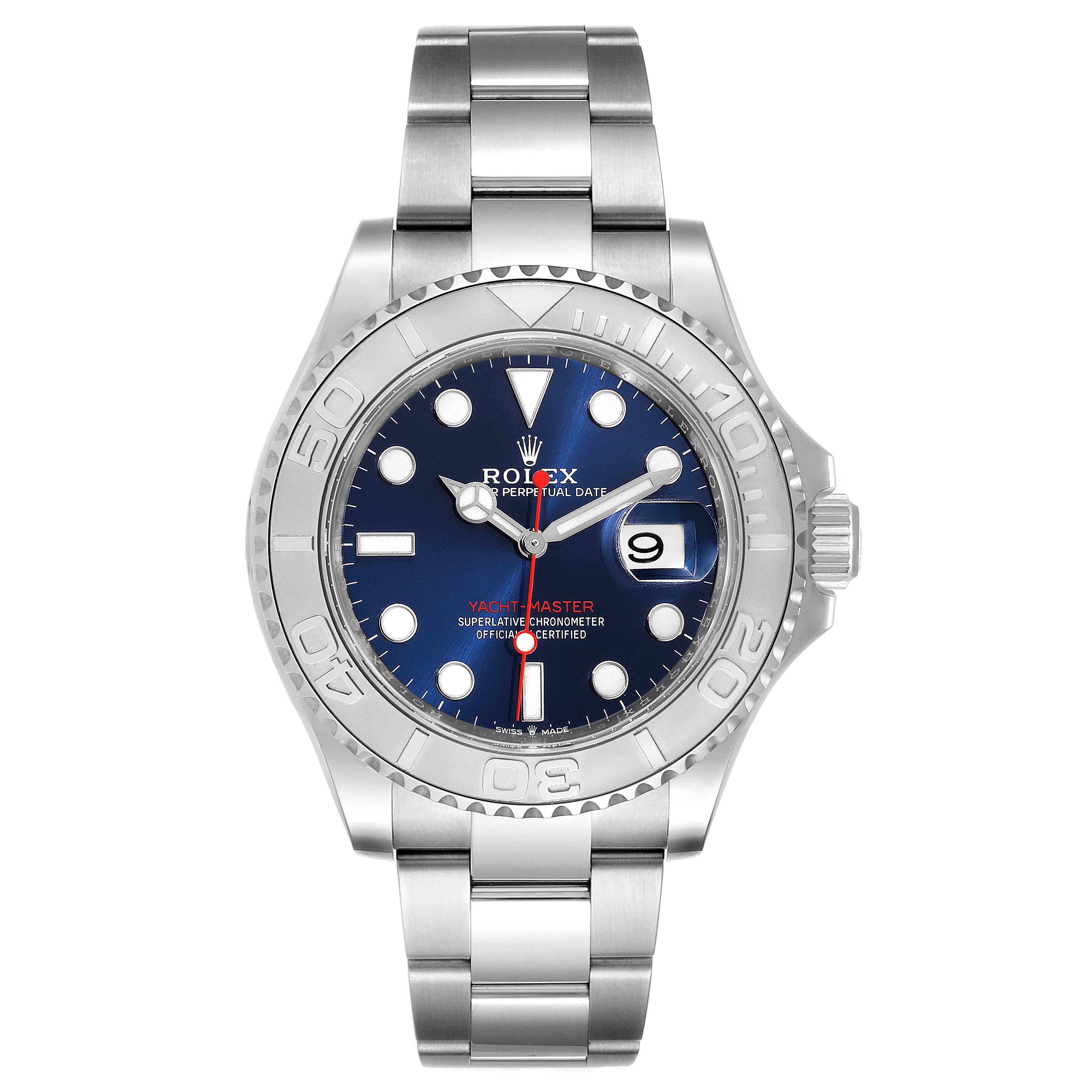 This image shows a front view of a Rolex Yacht-Master 126622 Men
s Stainless Steel Blue Dial 126622 Men
s Stainless Steel Blue Dial watch, highlighting its bezel, dial, hands, and bracelet.
